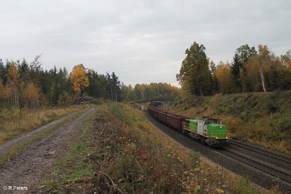 V1700.03 alias 277 004 zieht bei Wiesau den leeren Holzzug nach Cheb. 24.10.16