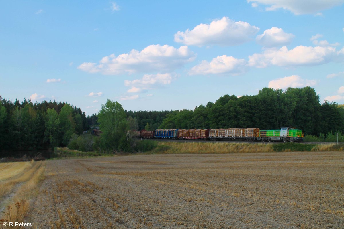 V1700.03 zieht bei Oberteich ein Holzzug von Cheb nach Wiesau. 16.08.18