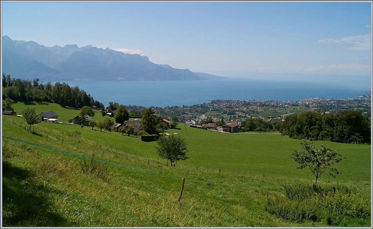 Viel Landschaft und sehr wenig Zug: die Blonay-Chamby G 3/3 N°6 ist mit ihrem Dampfzug bei Cornaux auf der Fahrt nach Blonay.

11. August 2019