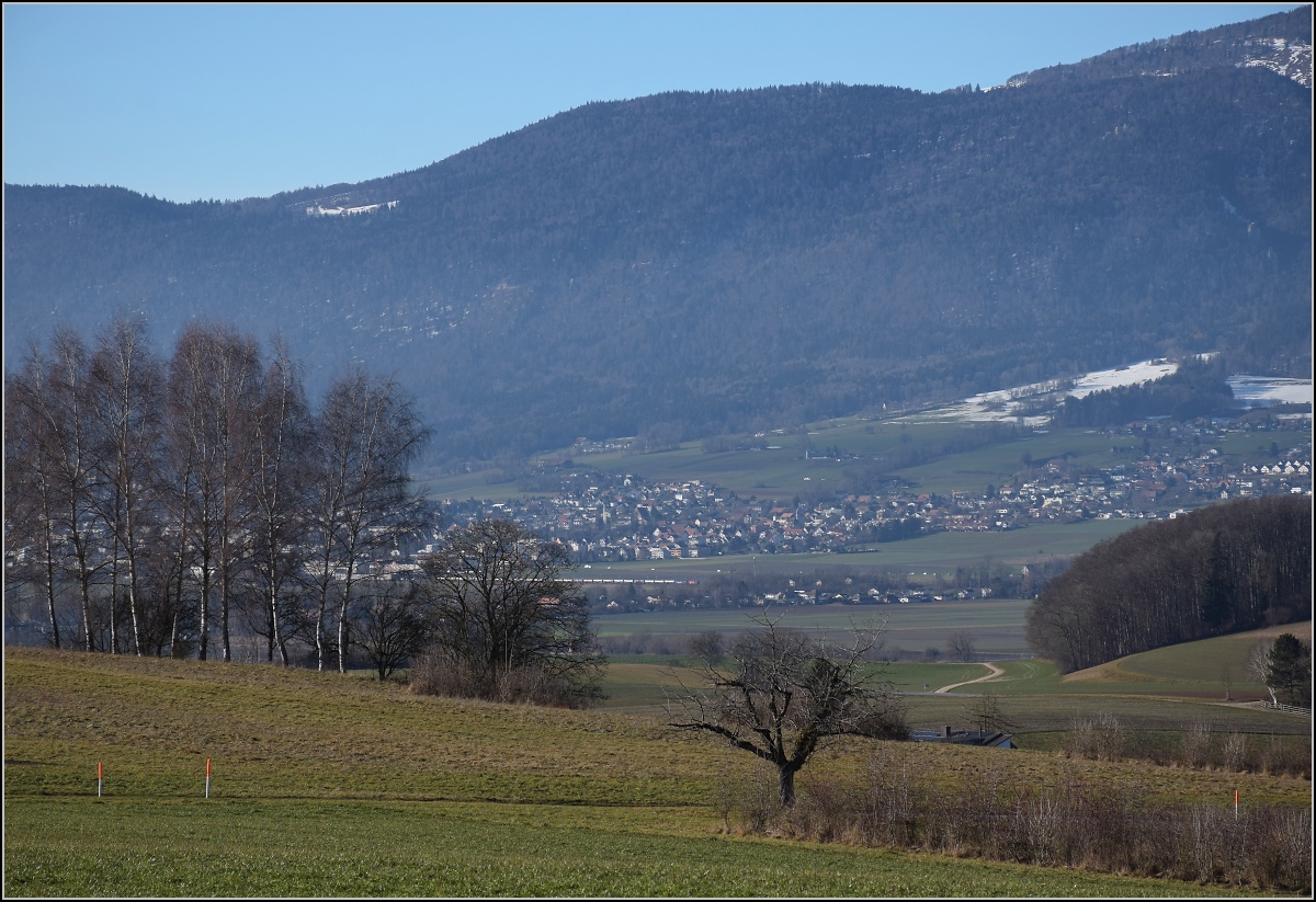 Viel Landschaft, wenig Zug am Jura. 

Re 10/10 zwischen Bettlach und Selzach mit einem Kesselwagenzug. Januar 2022. 