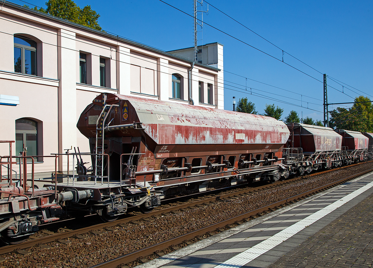 Vierachsiger gedeckter Drehgestell-Schüttgutwagen mit dosierbarer Schwerkraftentladung, 31 80 0819 877-8 D-DB, der Gattung Tads-z 957.4 der DB Cargo am 19.09.2018 im Zugverband bei der Durchfahrt im Hauptbahnhof Brandenburg an der Havel.

Die belgische Waggonfabrik La Brugeoise und die französische Waggonfabrik Arbel Douai bauen 1985/86 im Auftrag der DR 500 vierachsige Selbstentladewagen Tadgs-y. Ab 1992 werden einige wegen schadhafter Innenbeschichtung nicht mehr im Lebensmittelverkehr einsetzbare Wagen in Tads-y umgezeichnet.  Ab 2012 werden einige Tads zu Tads-z umgezeichnet.

Diese Wagen sind hervorragend geeignet für den Transport von witterungsempfindlichen Schüttgütern. Sie besitzen eine gleisseitige, dosierbare Entladeeinrichtung. Ein Innenanstrich erhöht bei den meisten der Fahrzeuge den Gebrauchswert, insbesondere durch den Schutz vor Verunreinigungen, Möglichkeiten des Transportes von Lebensmitteln, günstigeres Entladeverhalten (Rutschverhalten) bei schwer fließenden Gütern sowie durch verbesserten Korrosionsschutz bei aggressiven Ladegütern.

Die Wagen eignen sich für den Transport von nässeempfindlichen Schüttgütern aller Art, wie z. B. Salze und Düngemittel. Korngrößen ( 0,1 mm können ohne Rieselverluste transportiert werden. Wagenkasten, Wölbschieber, Rutschen und das Dach sind aus korrosionsträgem Stahl gefertigt. Der trichterförmige Wagenkasten besteht aus vier Trichtern und ist als Schweißkonstruktion ausgeführt. Die Trichter sind durch Querwände getrennt und im oberen Teil durch Öffnungen versehen. Die Stirnwände sind mit Versteifungen versehen und durch Längstragstützen mit dem Untergestell verbunden.

Die Entleerung des Wagens erfolgt gleichzeitig nach beiden Wagenseiten über acht einzeln bedienbare Wölbschieber. Die Wölbschieber sind lösbar angeordnet und leicht austauschbar.
Der Wagen ist mit einem einschaligen Hubschwenkdach ausgerüstet. Das Dach wird vor dem Schwenken um etwa 60 mm angehoben und dann seitlich abgeschwenkt, wobei die gesamte Breite der Beladeöffnung freigegeben wird. Im geschlossenen Zustand ist das Dach gegen unbeabsichtigtes Verschwenken gesichert. Ein Verschieben des Wagens mit geöffnetem Dach ist nicht zulässig.

TECHNISCHE DATEN:
Spurweite: 1.435 mm
Achsanzahl: 4 (in 2 Drehgestelle)
Länge über Puffer: 49.040 mm
Drehzapfenabstand: 14.000 mm
Achsabstand im Drehgestell: 1.800 mm
Laufraddurchmesser: 920 mm (neu)
Wagenhöhe: 4.286 mm
Größe der Beladeöffnung Länge x Breite: 14.614 x 1.200 mm
Laderaum: 82,5 m³
Eigengewicht: 26.450 kg
Höchstgeschwindigkeit: 100 km/h (beladen) / 120 km/h (leer)
Maximales Ladegewicht: 53,5 t (Streckenklasse C oder höher)
Kleinster bef. Gleisbogenradius: 75 m
Bauart der Bremse: KE-GP
Intern. Verwendungsfähigkeit: RIV
