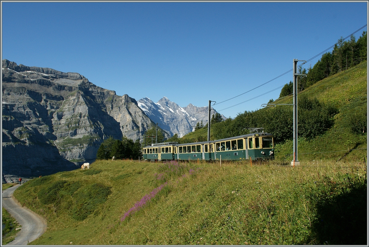 Von Lauterbrunnen (Kursbuchfeld 311) und von Grindelwald (Kursbuchbfeld 312)fährt die 80 cm spurige  Wengeneralpbahn  auf die Kleine Scheidegg. Hier ist ein dreiteilliger Zahnradbahn etwa halbem Weg zwischen der Wengeralp und der Kleien Scheidegg zu sehen.
21. Aug. 2013