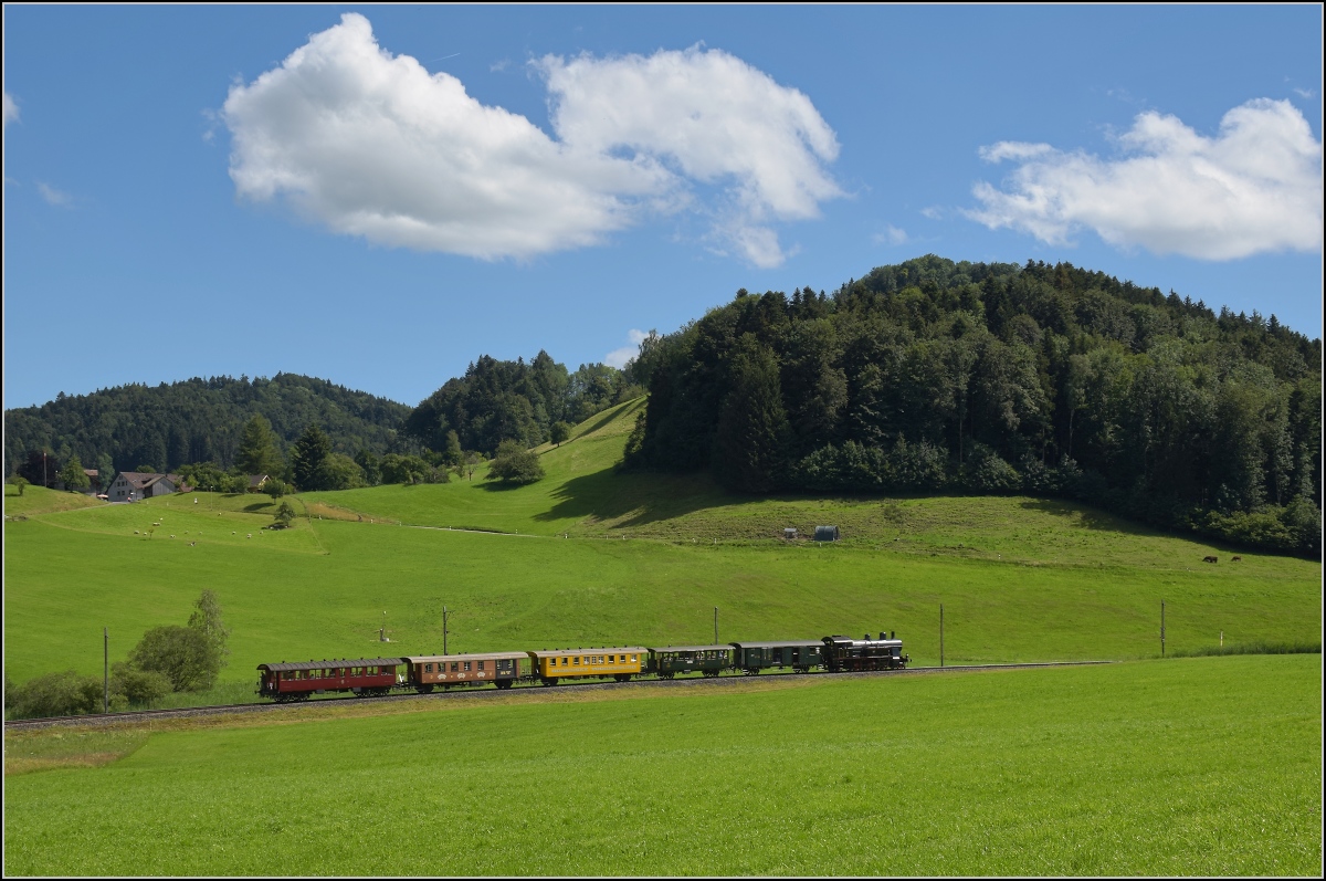 Vorbeifahrt der Eb 3/5 9 der Bodensee-Toggenburg-Bahn mit ihrem wunderbaren Personenzug an Hofschür. Juli 2020. Die obligatorische Fotowolke war gnädig und warf sich rechtzeitig auf die Seite...