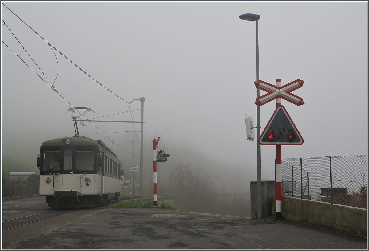 Während das Bipperlisi den Nebel wohl gewohnt ist, ich bin es nicht mehr und es war nicht einfach, bei der Bildgestaltung auf See und Berge zu verzichten... MOB Be 4/4 1006 als Regioanlzug 2331 von Fontanivent nach Montreux bei Planchamp am 5. Feb. 2015.