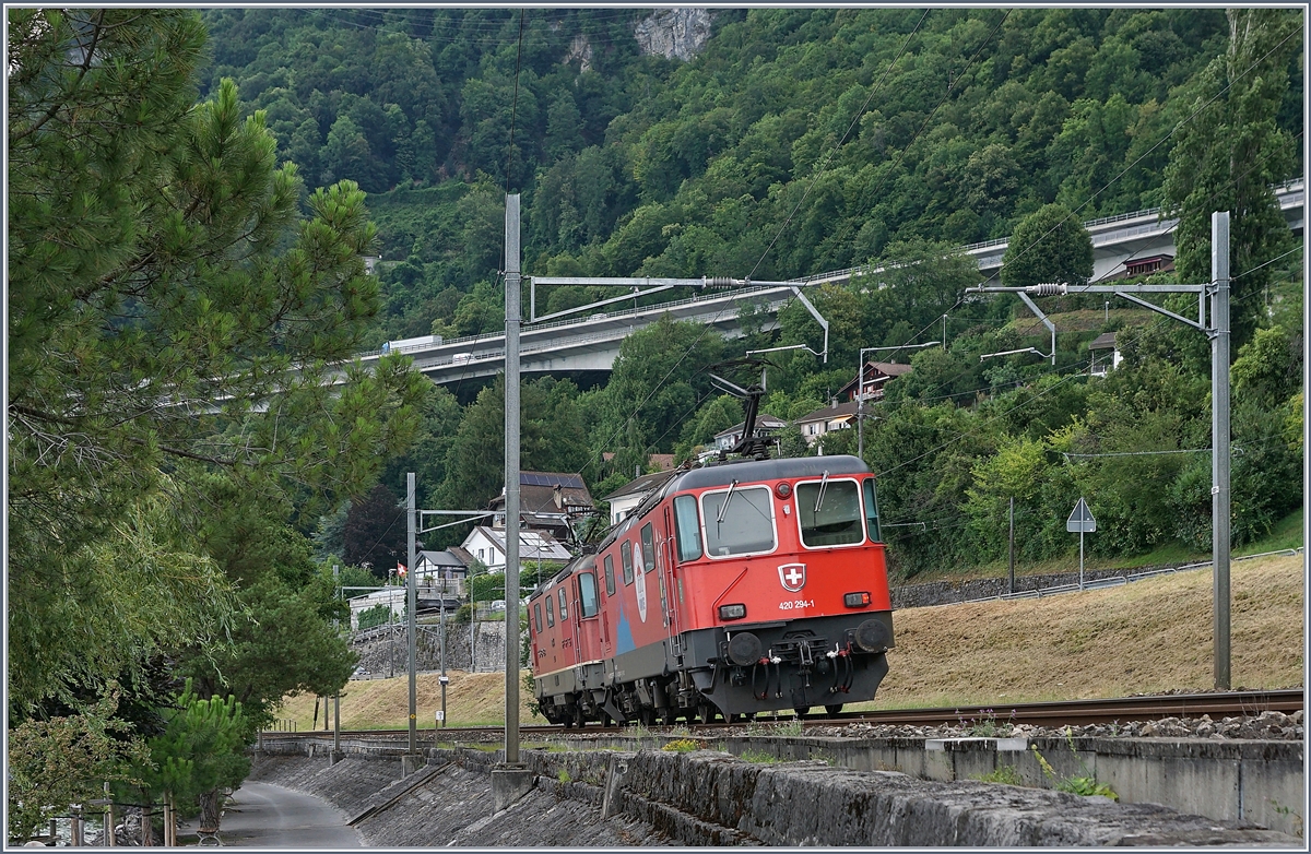 Während einigen Tagen lief im  Spaghetti-Zug  Umlauf Domo II - Vallorbe - Domo II die SBB Re 420 294-1  100 Jahre Zirkus KNIE . Leider gelang es mir nicht, die Lok wunschgemäss abzulichten. Das Bild zeigt die beiden Loks Re 420 244-6 und 420 294-1 ohne Zug kurz nach Villeneuve auf der Fahrt in Richtung Lausanne. 

24. Juli 2020 