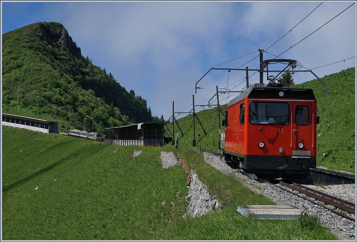 Whrend der Hem 2/2 12 in Jaman pausiert, fahren im Hintergrund die beidnen Beh 4/8 301 und 304 Richtung Rochers de Naye.
3. Juli 2016