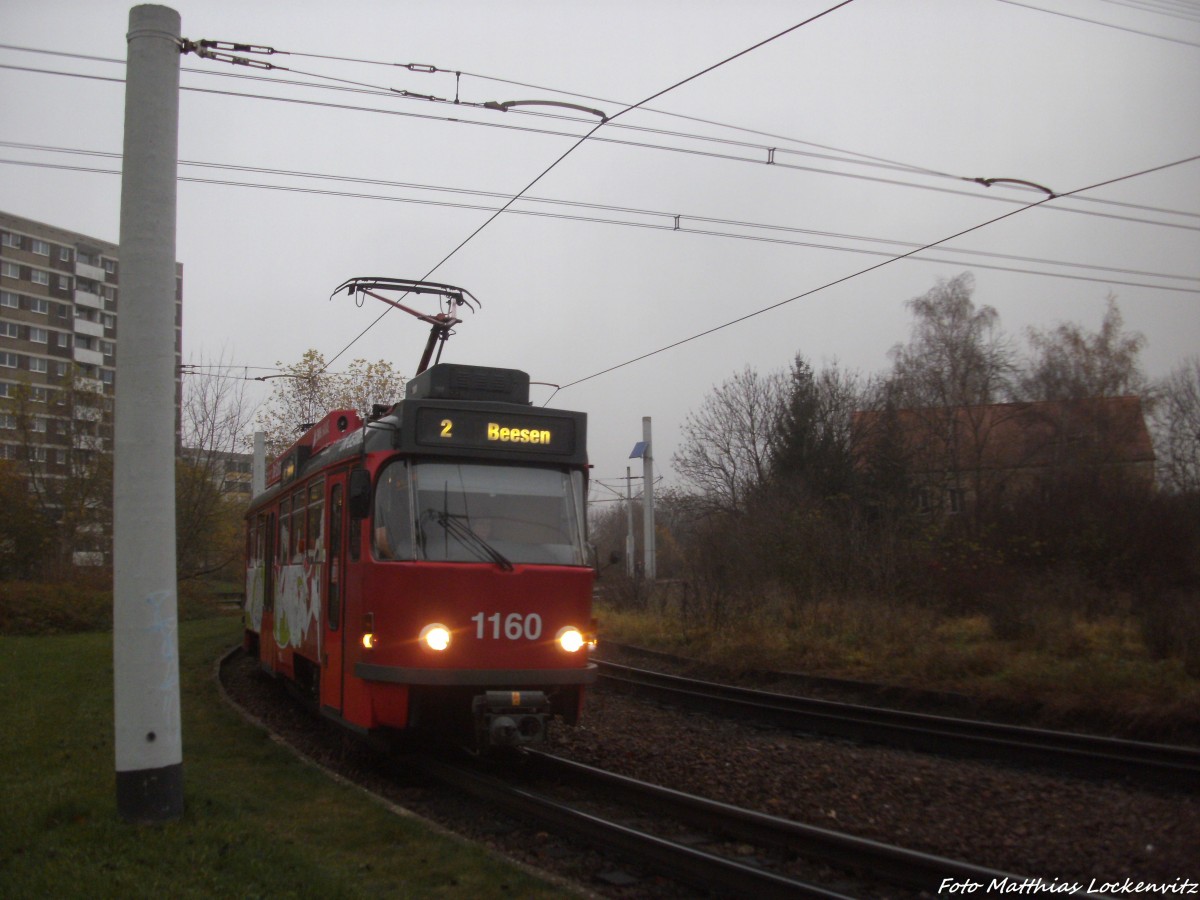 Wagen 1160 kurz vor der Endhaltestelle Beesen am 20.11.14