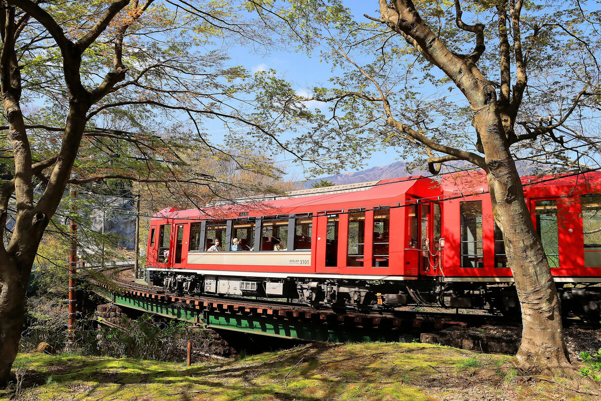 Wagen 3101 von 2017 hat nur einen Führerstand und ist fest mit Wagen 3102 gekuppelt. Im obersten Abschnitt zwischen Chôkoku-no-mori ( Skulpturenwald ) und Gôra. 12.April 2022 