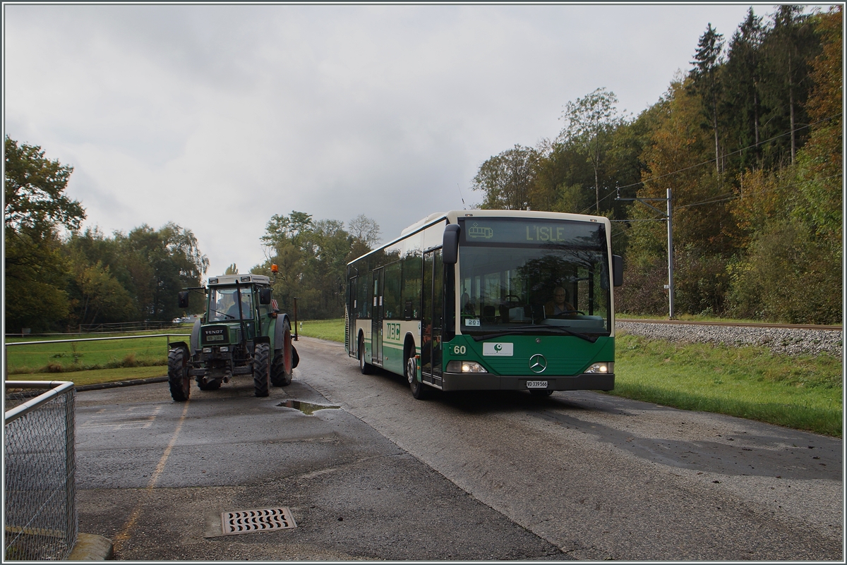 Wenn die BAM ihre Zuckerrben-Zge auf der freien Stecke beldt, mssen die planmssigen Reisezge durch einen Bus ersetzt werden. 
Hier fhrt gerade der den Regionalzug 14 ersetzende Bus in der Nhe von Apples vorbei.
15. Okt. 2014