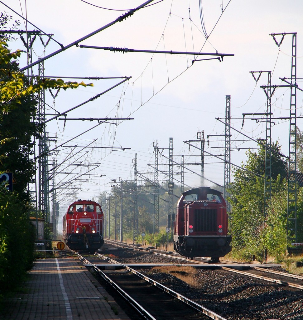 Wer hier wohl die  Schönere  ist...da gibt es wohl keinen Zweifel...DB Gravita 10BB von 2012 trifft im morgendlichen Gegenlicht in Jübek auf eine MaK V100.20 von 1966. 14.08.2014