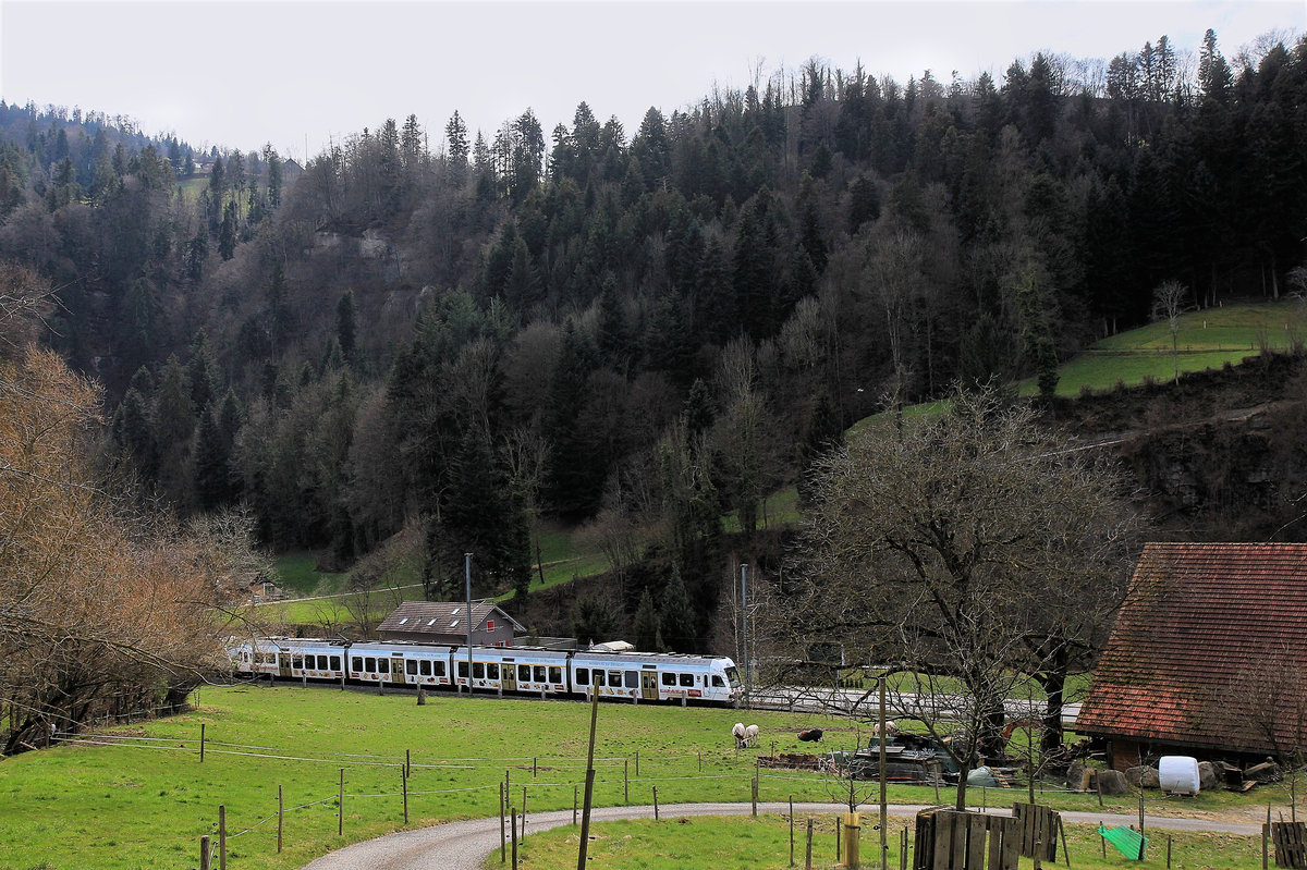 Werthenstein: Im tiefen Einschnitt zwischen Werthenstein und Schachen (Luzern) fährt BLS Lötschberger 115 mit Kambly-Werbung durch. 25.März 2021 
