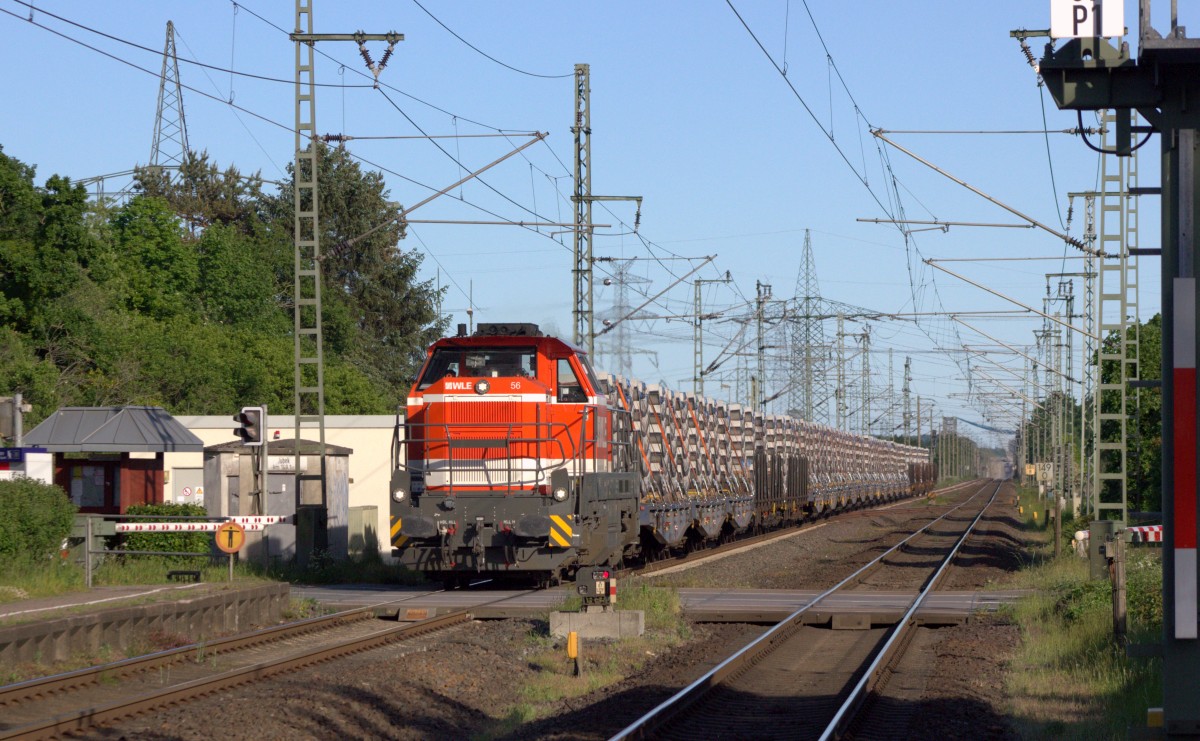 WLE 56 oder 4185 024-1(Vossloh DE18) mit Tunnelbau-Teilen auf Rens und Smmps Wagen auf dem Weg nach Pattburg/DK. Jübek 01.06.2020