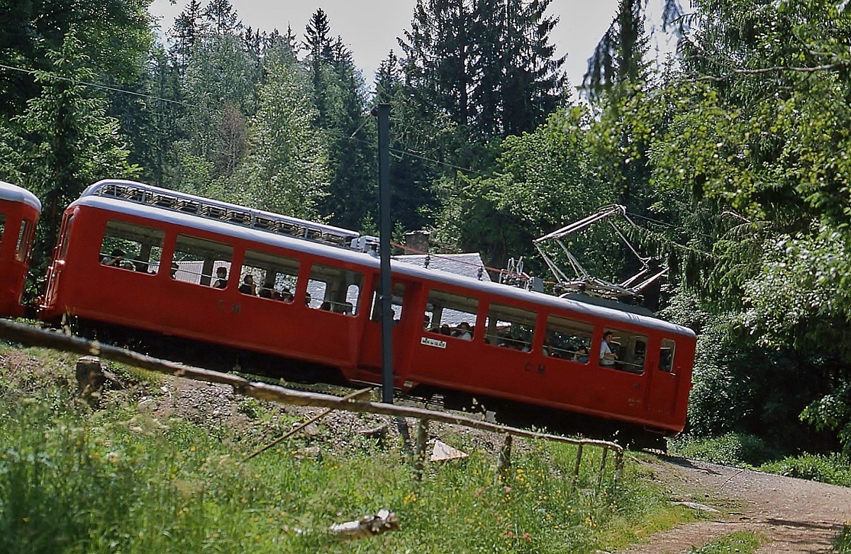 Ziemlich steil geht es auf der Zahnradbahn Chamonix - Montenvers hinauf, auf der im Juli 1983 einer der 1954 von SLM/MFO gebauten Beh 4/4 bei Chamonix unterwegs ist