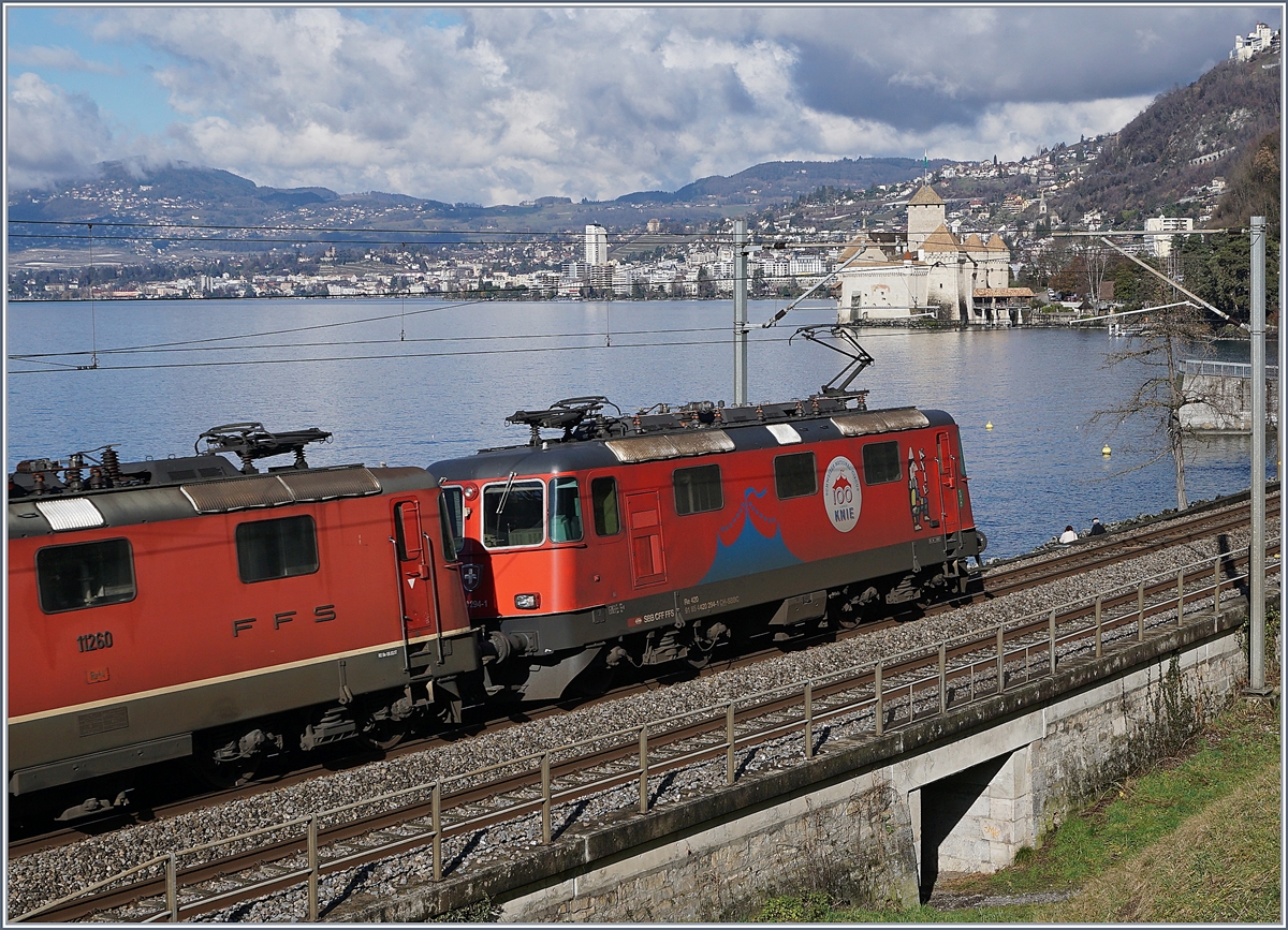 Zirkurs KNIE Re 4/4 II kurz vor dem Château de Chillon. 

5. Feb. 2020