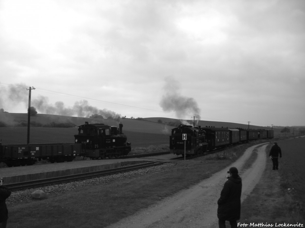 Zugkreuzung von 99 4511 und der RBB 99 4633 (Mh 53) am Hp. Seelvitz am 12.10.14