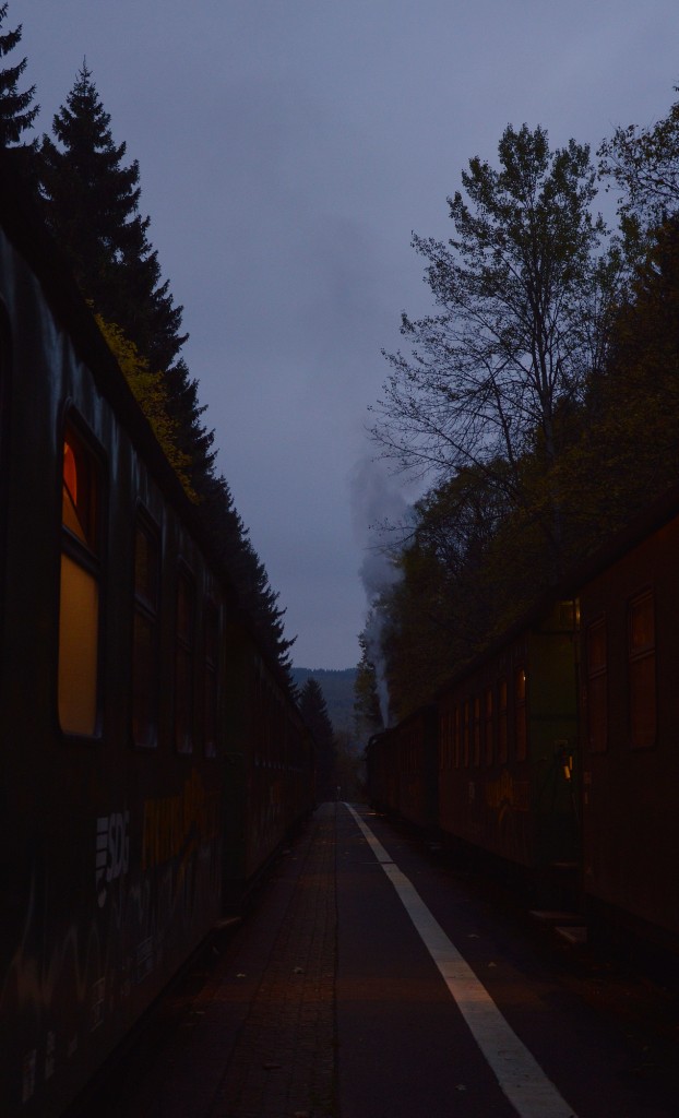 Zugkreuzung in Niederschlag zwischen P 1009 (rechts) und P 1010 (links) am 25.10.2015