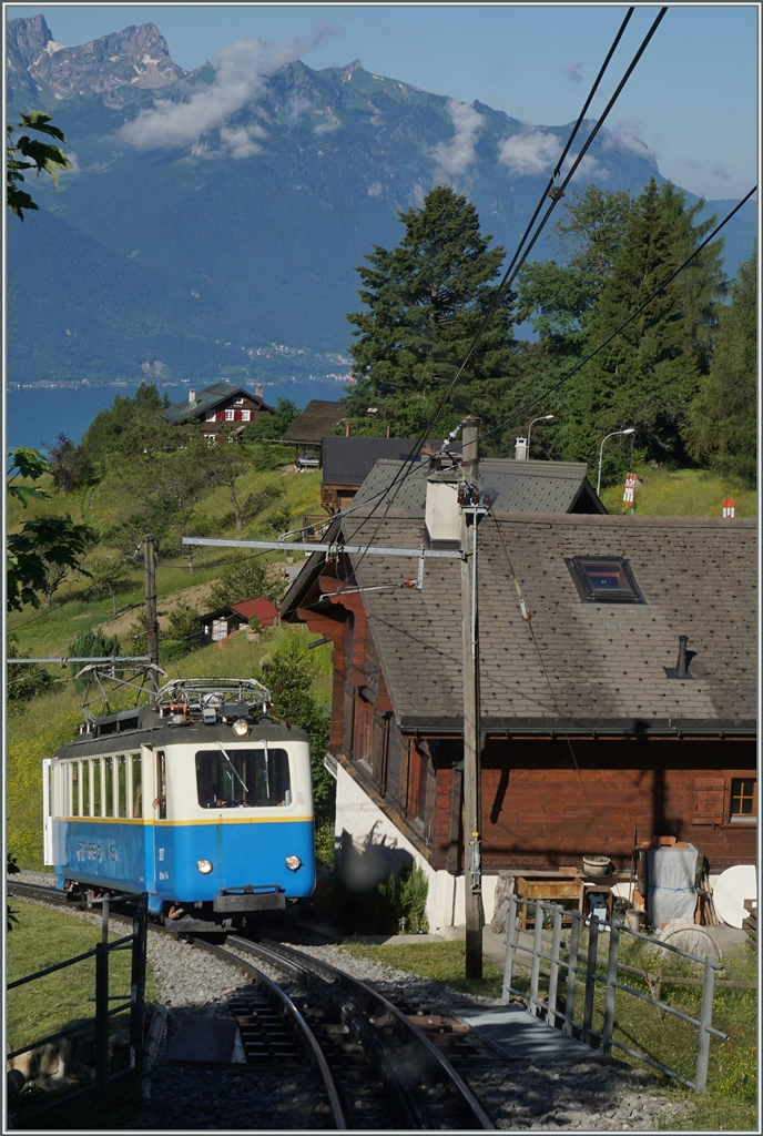  Zugsverfolgung  einmal anders: oberhalb von Caux holte der fast achtzig jährigen Bhe 2/4 207 den weitaus jüngeren Bhe 4/8 303 fast ein.
Letztgenannter war meine  Fotostelle .
28. Juni 2016