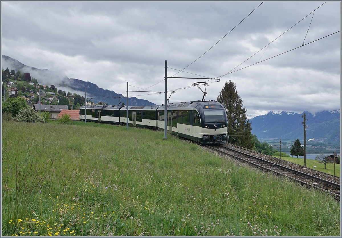 Zwei Alpina ABe 4/4 - Be 4/4 Serie 9000 sind mit nur einem Zwischenwagen bei Sonzier als Regionalzug von Zweisimmen nach Montreux unterwegs. 

2. Mai 2020