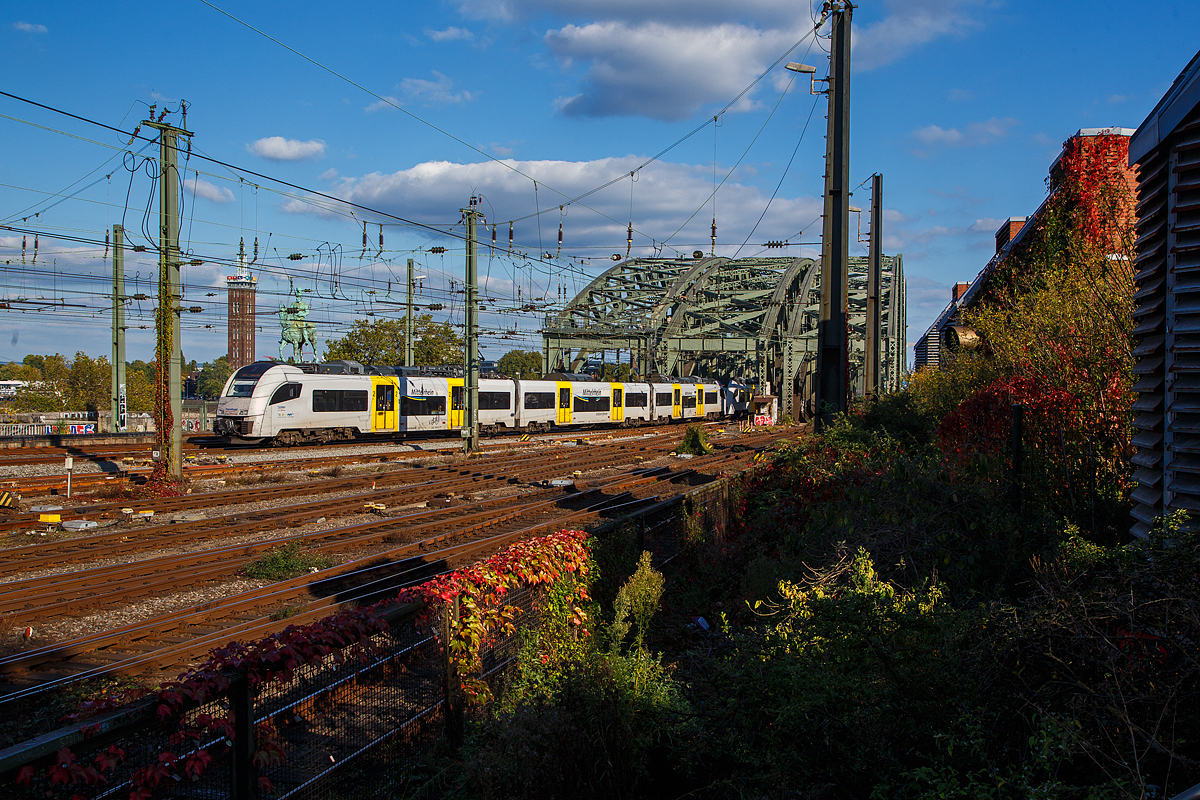 Zwei gekuppelte Siemens Desiro ML (460 008-6 und ein Weiterer) der trans regio (MittelrheinBahn) kommen am 08.10.2021, als MRB 26 MittelrheinBahn (Köln Messe/Deutz – Koblenz), über die Hohenzollernbrücke und erreichen den Hauptbahnhof Köln.

Über den Borkenkäfer reitet einer der Hohenzollern, der Kaiser Friedrich III. Vier Reiterstandbilder preußischer Könige und deutscher Kaiser der Hohenzollern-Familie flankieren jeweils die Rampen der Hohenzollernbrücke.

Die Hohenzollernbrücke ist eine Eisenbahnbrücke über den Rhein in Köln in Höhe von Stromkilometer 688,5. Das von 1907 bis 1911 errichtete ursprüngliche Bauwerk bestand aus zwei Eisenbahn- und einer Straßenbrücke. Nach 1945 erfolgte der Wiederaufbau nur noch für zwei Eisenbahnbrücken, die später um eine dritte ergänzt wurden. Als Ersatz für die entfallene Straßenbrücke wurden die äußeren Eisenbahnbrücken um Geh- und Radwege ergänzt.

Bei der Hohenzollernbrücke und dem benachbarten Hauptbahnhof handelt es sich um einen der wichtigsten Knotenpunkte im deutschen und europäischen Eisenbahnnetz. Das Bauwerk gehört als fester Bestandteil zum Stadtbild von Köln und dem Kölner Dom.

Mit 1220 Zugfahrten pro Tag ist sie die meistbefahrene Eisenbahnbrücke Deutschlands. Das Bauwerk gilt, zusammen mit dem Kölner Hauptbahnhof, als zentraler Engpass im Schienenverkehr in der Region Köln.
