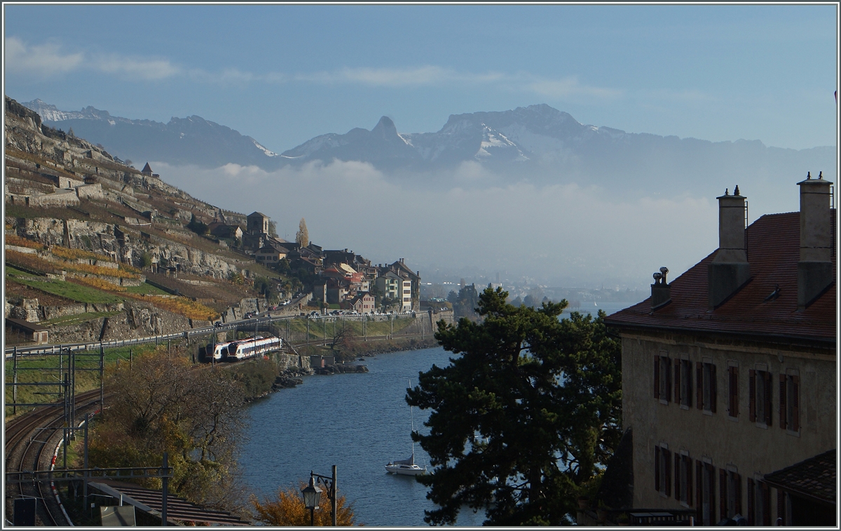 Zwischen Rivaz und St-Saphorin begegnen sich zwei SBB Flirts RABe 523. 
22. Nov. 2014