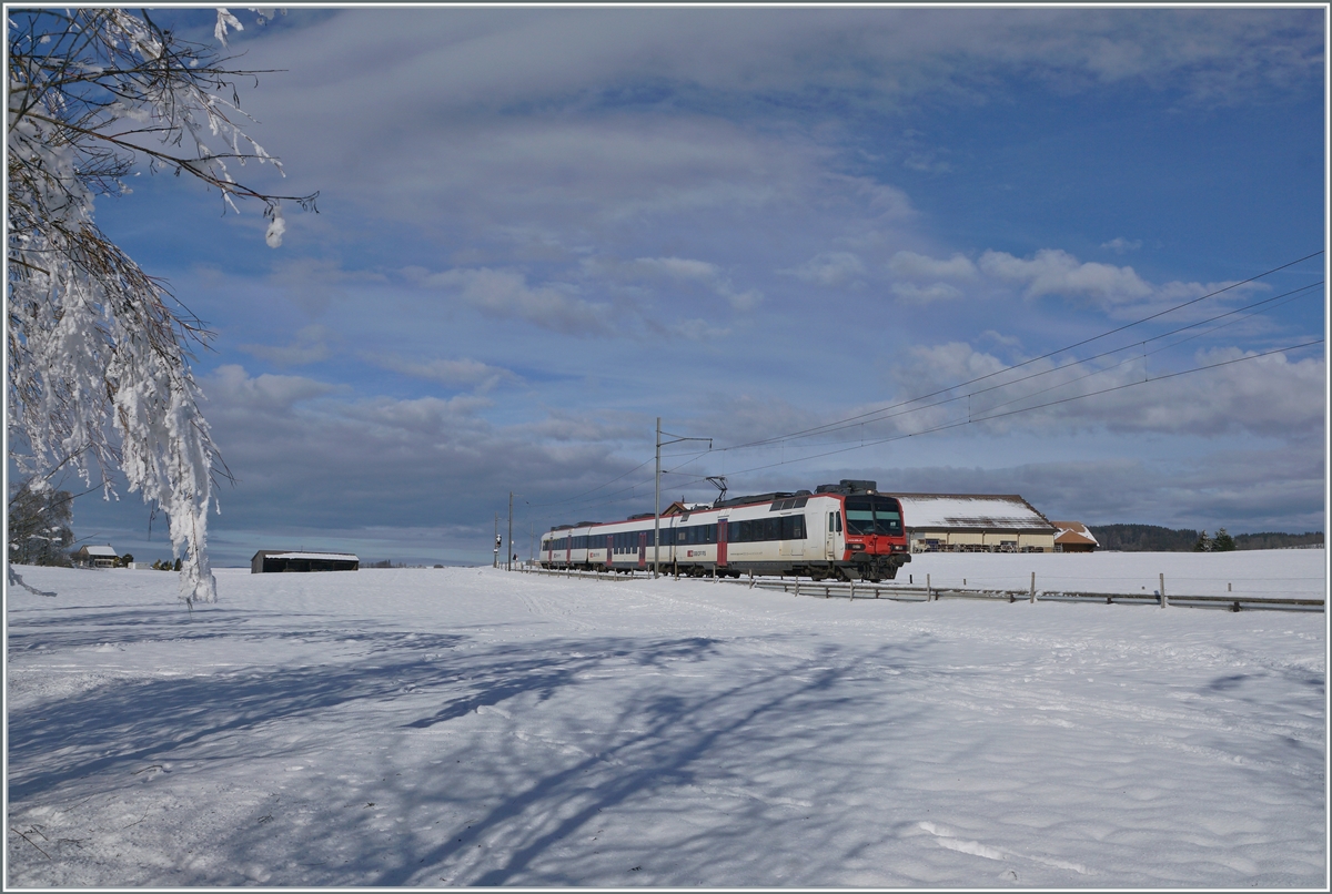 Zwischen Sales und Vaulruz konnte in einer herrlichen Winterlandschaft dieser SBB RBDe 560 Domino fotografiert werden. Der für die tpf fahrende Zug ist als RE 3818 von Bern nach Bulle unterwegs. 

23. Dezember 2021