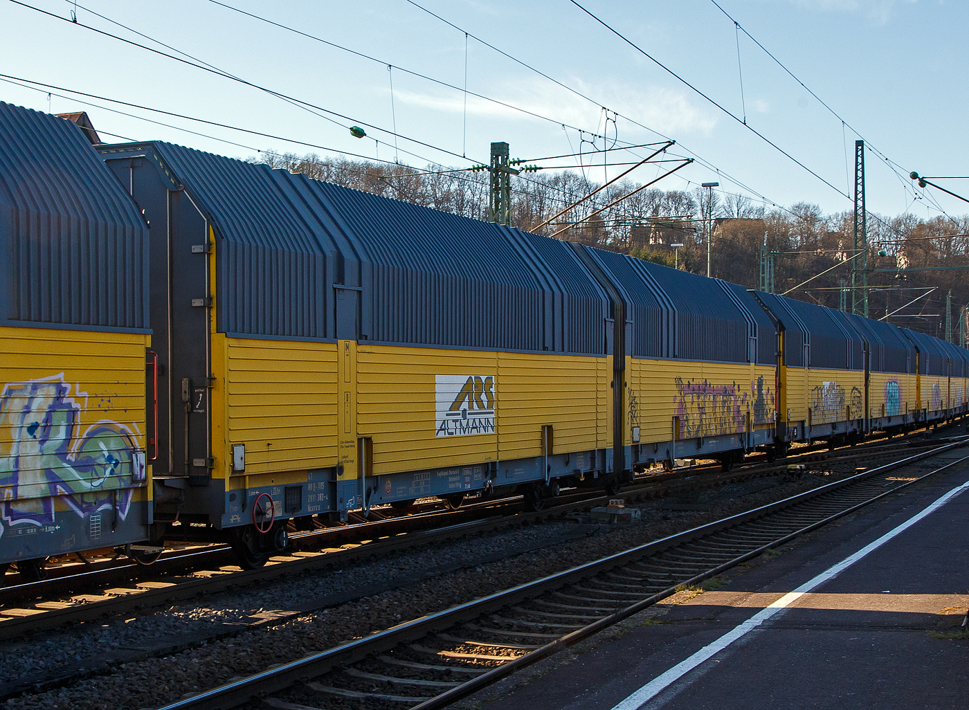 2 x 2-achsiger geschlossener zweigliedriger Doppelstock- Autotransportwaggon, der ARS Altmann AG mit Sitz im bayerischen Wolnzach, 47 80 2911 338-4 D-ARS der Gattung Hccrrs 5.860, am 02.03.2023 im Zugverband bei einer Zugdurchfahrt im Bahnhof Betzdorf/Sieg. 

TECHNISCHE DATEN:
Spurweite: 1.435 mm
Anzahl der Achsen: 4
Länge über Puffer: 27.160 mm
Achsabstände: 9.000 mm / 4.200 mm / 9.000 mm
Laufraddurchmesser: 760 mm (neu) / 680 mm (abgenutzt)
Länge der Ladefläche: 25.500 mm
Innenbreite (Ladefläche): 2.870 mm
Höhe über Schienenoberkante: 4.290 mm oder 4.793 mm (je nach Stellung)
Eigengewicht: 32.900 kg
Max. Zuladung: 24,0 t (ab Streckenklasse A)
Tragfähigkeit: Oberdeck / Unterdeck je 12,0 t (max. Radlast 700 kg)
Höchstgeschwindigkeit: 100 km/h (beladen) / 120 km/h (leer)
Bremse: KP-GP-A (K)
Bremssohle: Jurid 816 M
Handbremse: Ja (20,0 t / 21,2 kN)
Kleinster bef. Kurvenradius: R 75 m (Einzelwagen) / R 150 m (Ganzzug)
Intern. Verwendungsfähigkeit: laut Raster