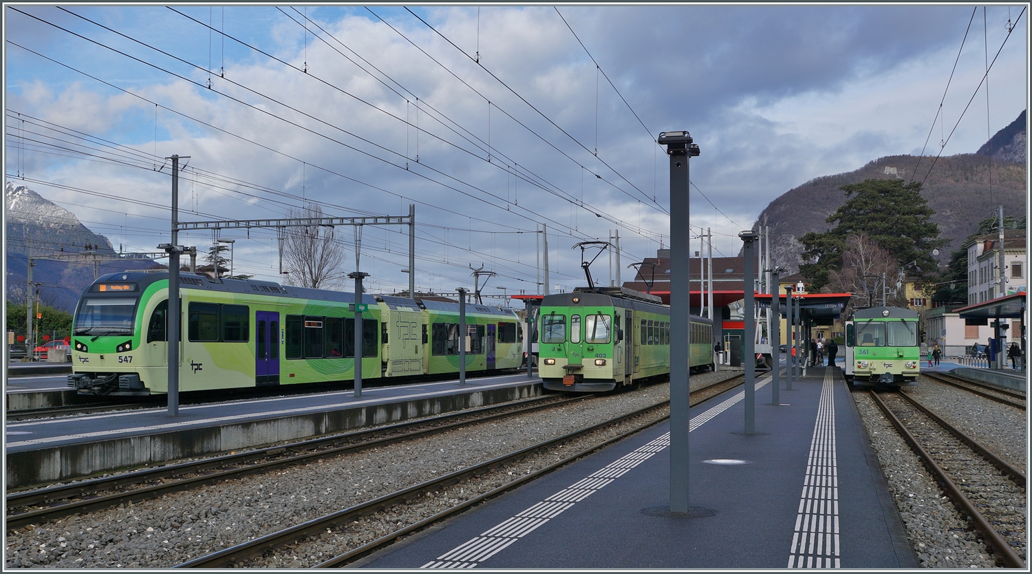 Aigle mit Zügen nach Monthey, Les Diablerets und Leysin. Links steht der TPC Beh 2/6 547, der als R 72 134 nach Monthey fahren wird, in der Mitte wartet der ASD BDe 4/4 403 mit Bt 431 wird als R 71 436 nach Les Diablerets auf die Abfahrt und rechts im Bild steht der BDeh 4/4 311 mit Bt 361 als R 70 336 nach Leysin. 

4. Jan. 2024