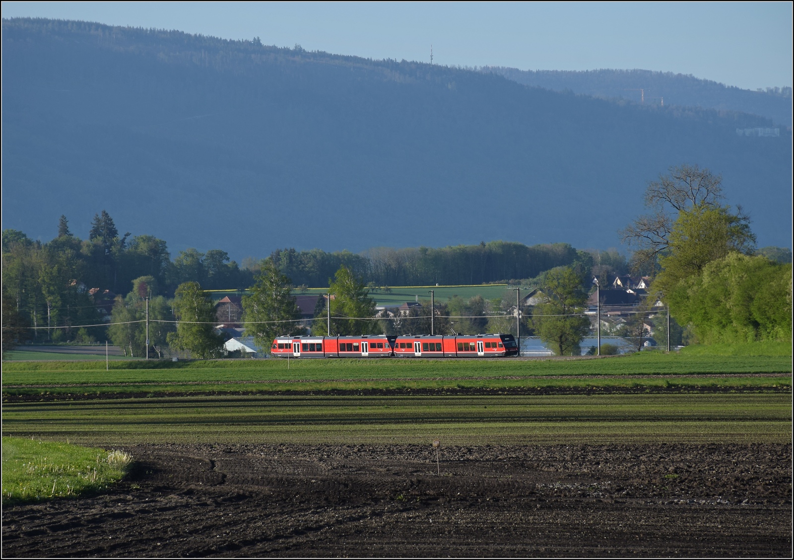 Auf der Biel-Täuffelen-Ins Bahn.

GTW Be 2/6 513 und GTW Be 2/6 512 der ASm im Lüscherzer Moos. April 2022. 