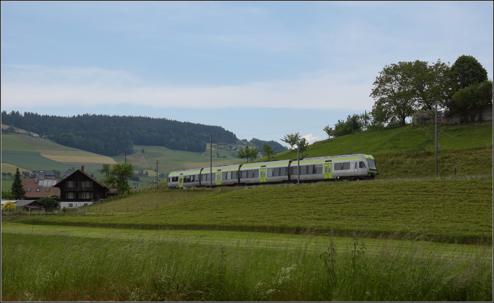Auf der Pionierstrecke für Elektrobetrieb, der Burgdorf-Thun-Bahn ist nunmehr mit RABe 535 104 ein Lötschberger unterwegs. Walkringen/Stutz, Juni 2023.