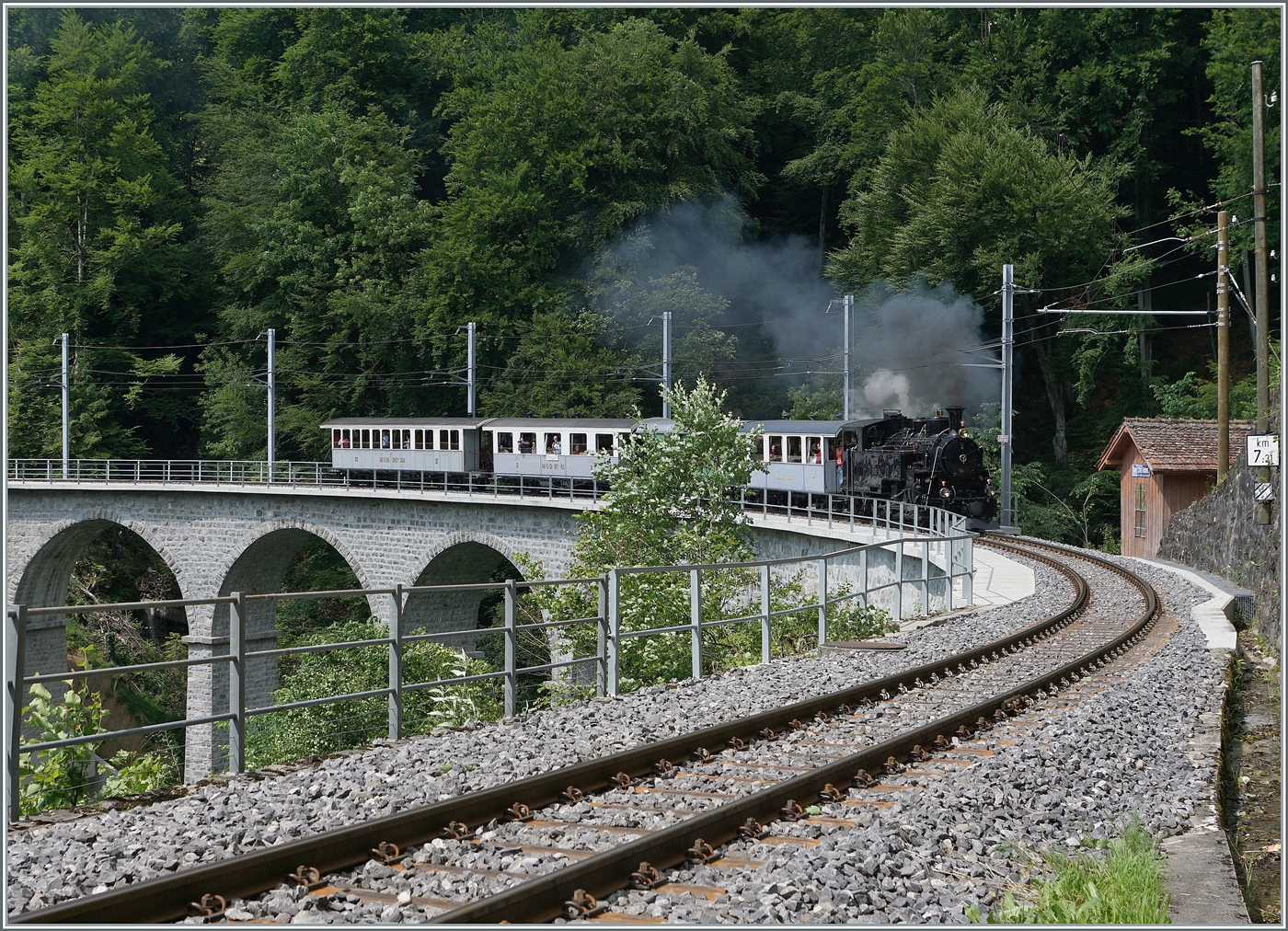 Das  Festival Suisse de la vapeur  (Schweizer Dampffestival 2025) Die Brücke über die Baye de Clarens ist saniert und die HG 3/4 N° der Blonay Chamby Bahn auf dem Weg mit ihrem Dampfzug von Blonay nach Chaulin überquert die Brücke weiterhin mit einer Geschwindigkeit von nur 10 km/h. 

8. Juni 2025