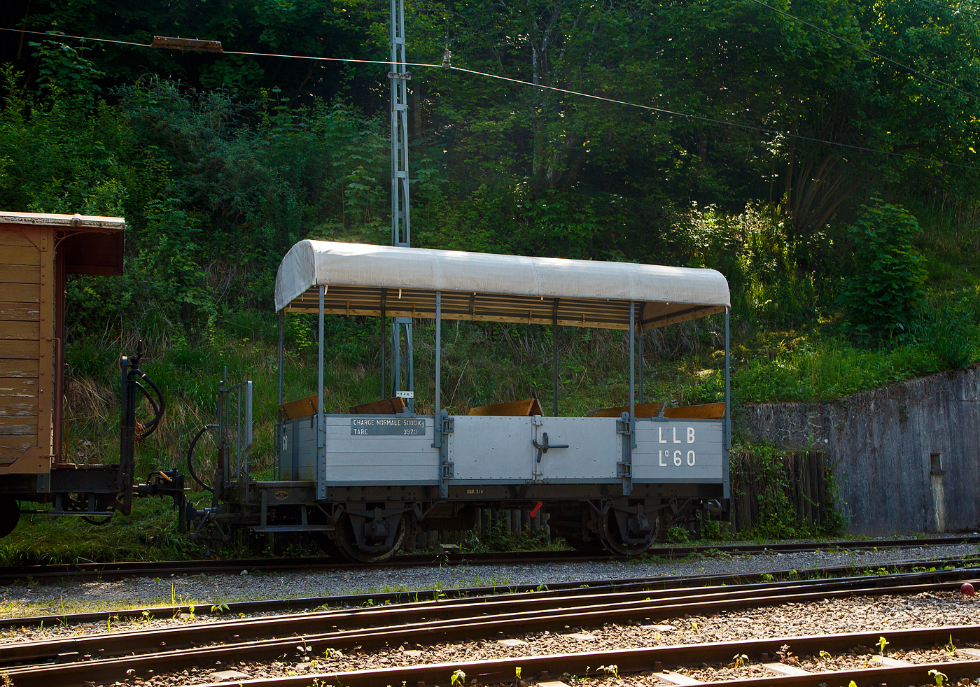Der „kleine“ zweiachsige Behelfs-Personenwagen (Sommerwagen) ex LLB L° 60 der Museumsbahn Blonay–Chamby am 27.05.2023 auf dem Museums-Areal der (BC) in Chaulin. Eigentlich ein Güterwagen (Flachwagen) mit aufgesetzten Sitzbänken.

Der Wagen wurde 1915 von SWS Schlieren (Schweizerische Wagons- und Aufzügefabrik AG) für die LLB (Leuk-Leukerbad-Bahn, französisch Chemin de fer Loèche-Loèche-les-Bains) gebaut und geliefert. Bereits 1967 ging er an die Museumsbahn Blonay–Chamby und wurde 2015 von der BC umfassend restauriert. 

TECHNISCHE DATEN:
Spurweite: 1.000 mm (Meterspur)
Achsanzahl: 2
Länge über Puffer: 5.800 mm
Achsabstand: 2.700 mm
Breite: 2.000 mm
Laufraddurchmesser: 660 mm (neu)
Teilkreis-Ø Bremszahnrad: 496,8 mm (Zahnstangensystem Abt)
Eigengewicht: 3.970 kg
Nutzlast: 5.000 kg