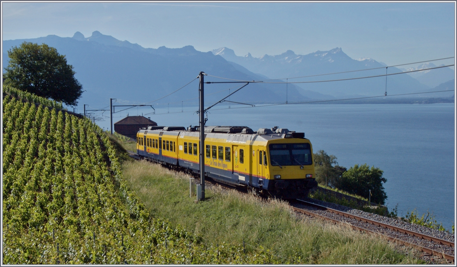 Der RBDe 560 131  Train de Vignes  ist auf seiner Strecke hoch über dem Genfersee auf der Fahrt nach Vevey unterwegs. 

29. Mai 2011