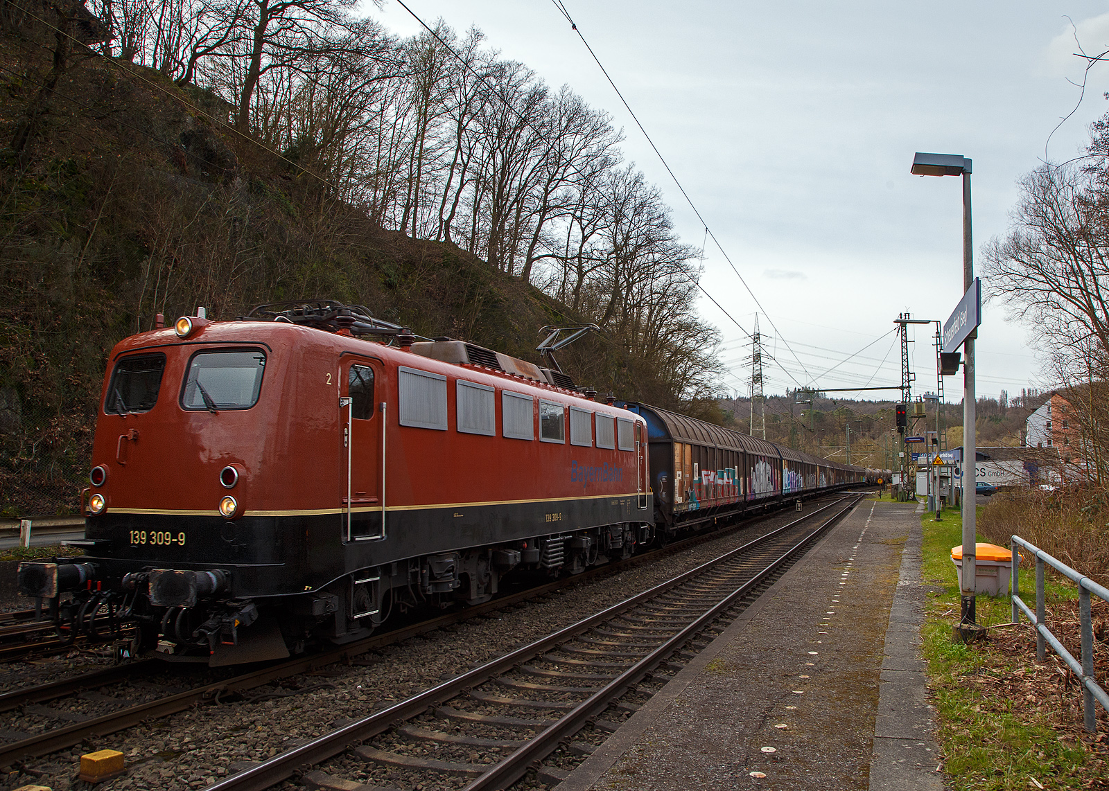 Die 139 309-9 (91 80 6139 309-9 D-BYB) der BayernBahn GmbH fhrt am 28.03.2023, mit dem sogenannten  Henkelzug  (Langenfeld/Rhld. nach Gunzenhausen), durch Scheuerfeld (Sieg) in Richtung Siegen. Der Zug bestand aus gedeckten Schiebewand-Wageneinheiten der Gattung Hiirrs der TRANSWAGGON GmbH.

Nochmals einen lieben Gru an den netten Lf zurck.

Die E 40.13 wurde 1964 bei Krauss-Maffei in Mnchen unter der Fabriknummer 18838 gebaut, der elektrische Teil ist von BBC (andere Quellen behaupten SSW, ich konnte aber BBC lesen). Nach dem verlngerten Fristablauf zum 01.07.2016, wurde sie zum 01.01.2020 an die Bayernbahn GmbH verkauft. Im Jahr 2016 konnte ich die Lok noch als DB Lok ablichten, siehe: http://hellertal.startbilder.de/bild/deutschland~unternehmen~db-cargo-ag-ex-db-schenker-rail-deutschland-ag/477736/wohl-eine-der-letzten-im-db-bestanddie.html  

Die Baureihe 139 sind vom Grunde her Lok der Baureihe 140 nur mit dem feinen aber wesentlichen Unterschied das sie eine elektrische Widerstandsbremse hat. Mit Ausnahme der anderen Getriebebersetzung sind sie fast identisch mit der E 10.1. Ab 1959 wurden 31 Lokomotiven speziell fr den Einsatz auf den Steilstrecken Erkrath – Hochdahl, Altenhundem – Welschen-Ennest – (teilweise bis Kreuztal) und der Hllentalbahn beschafft.

TECHNISCHE DATEN:
Spurweite: 1.435 mm
Achsanordnung: Bo´Bo´
Lnge ber Puffer: 16.490 mm
Drehzapfenabstand: 7.900 mm
Achsstand in den Drehgestellen: 3.400 mm
Gesamtachsstand: 11.300 mm
Dienstgewicht: 84,6t
Achslast: 21,2t
Zulssige Hchstgeschwindigkeit: 110 Km/h (anfangs 100 km/h)
Stromsystem: Einphasen-Wechselstrom 15 000 V, 16 2/3 Hz
Dauerleistung (bei V): 3.620 kW (90 km/h)
Nennleistung (bei V): 3.700 kW / 5.032 PS (87,6 km/h)
Anfahrzugkraft: 275 kN (314 zulssig)
Dauerzugkraft: 138 kN
Treibrad-: 1.250 mm
Nennleistung Trafo: 4.040 kVA
Antrieb: Gummiringfeder
Steuerung: Stufenschaltwerk
Anzahl Fahrstufen: 28
Anzahl Fahrmotoren: 4
Dauerleistung der elektrischen Bremse: 3600 kW
Kraft der elektrischen Bremse Kraft: 138 kN