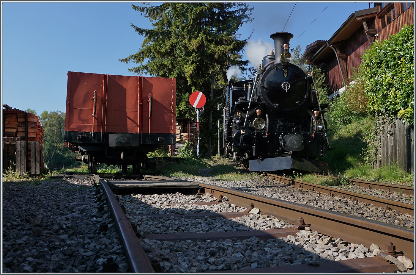 Die BFD HG 3/4 N° 3 der Blonay-Chamby Bahn wird in den Museumsbahnhof von Chaulin einfahren, muss aber noch vor dem geschlossen Einfahrsignal warten. 

9. Sept. 2023 