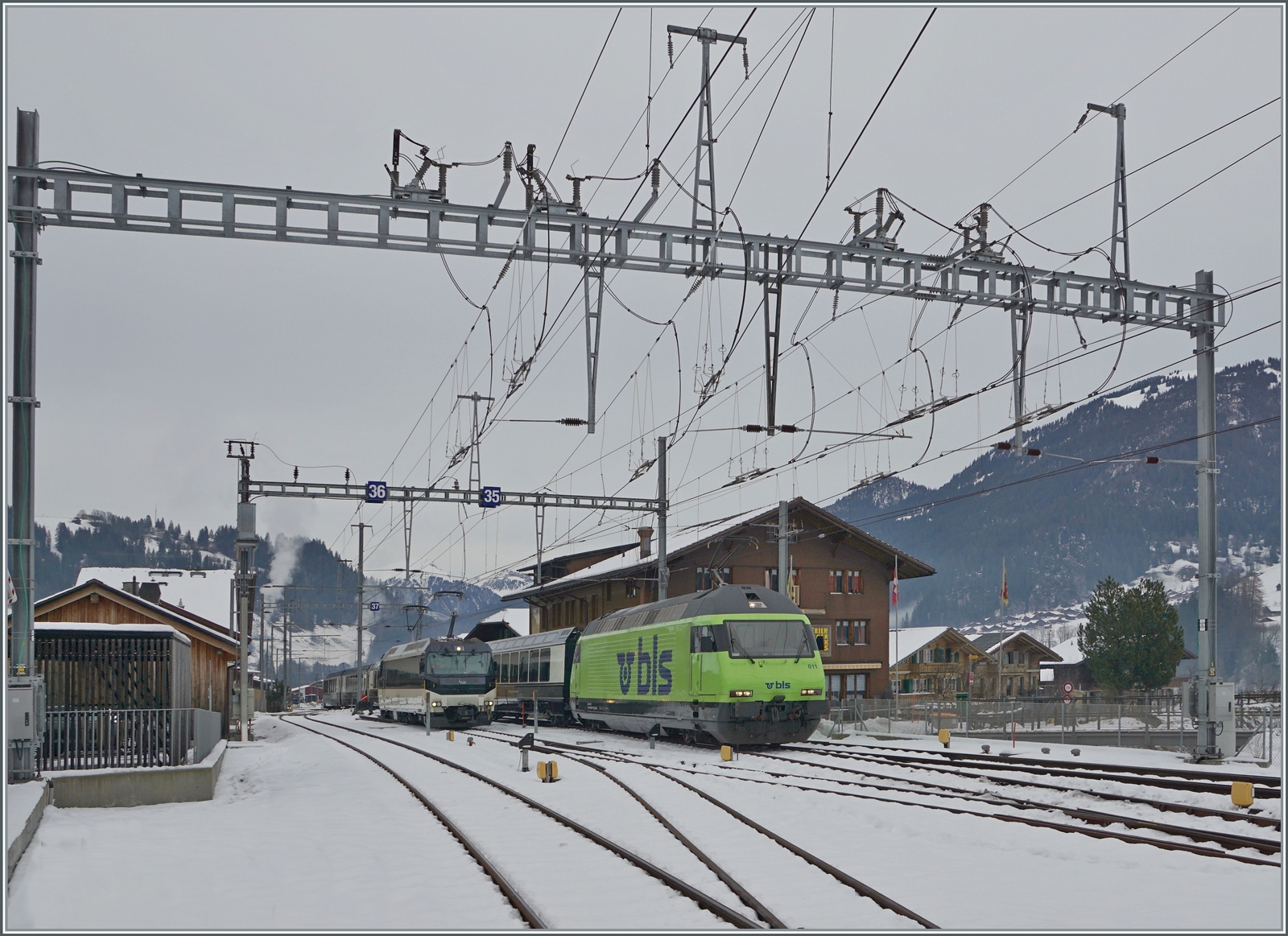 Die BLS Re 465 011 erreicht mit ihrem GoldenPass Express GPX 4065 von Interlaken Ost nach Montreux den Spurwechselbahnhof Zweisimmen. Im Hintergrund wartet die MOB Ge 4/4 8002 welche die Traktion des Zugs auf der schmalspurgien MOB übernehmen wird. 

15. Dezember 2022