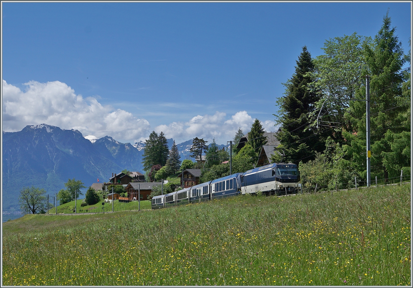 Die MOB Ge 4/4 8004 fährt mit ihrem GoldenPass Express GPX 4074 bei Les Avants durch fette grünen Voralpenwiesen. Der Zug ist von Montreux nach Interlaken Ost unterwegs, in Zweisimmen wechselt der Zug die Lok und Spur. Neuerdings verkehrt der GPX fünfteilig, d.h. ein Niederflurwagen wurde nun in den Zugsverband eingesetzt, der nach dem Steuerwagen Seite Zweisimmen läuft und bei diesem Bild gut zu sehne ist. 

Das Bild zeit neben relativ wenig Zug um so mehr Landschaft, links im Bild ist sogar noch ein Zipfelchen des Genfer Sees zu sehen.

28. Mai 2024