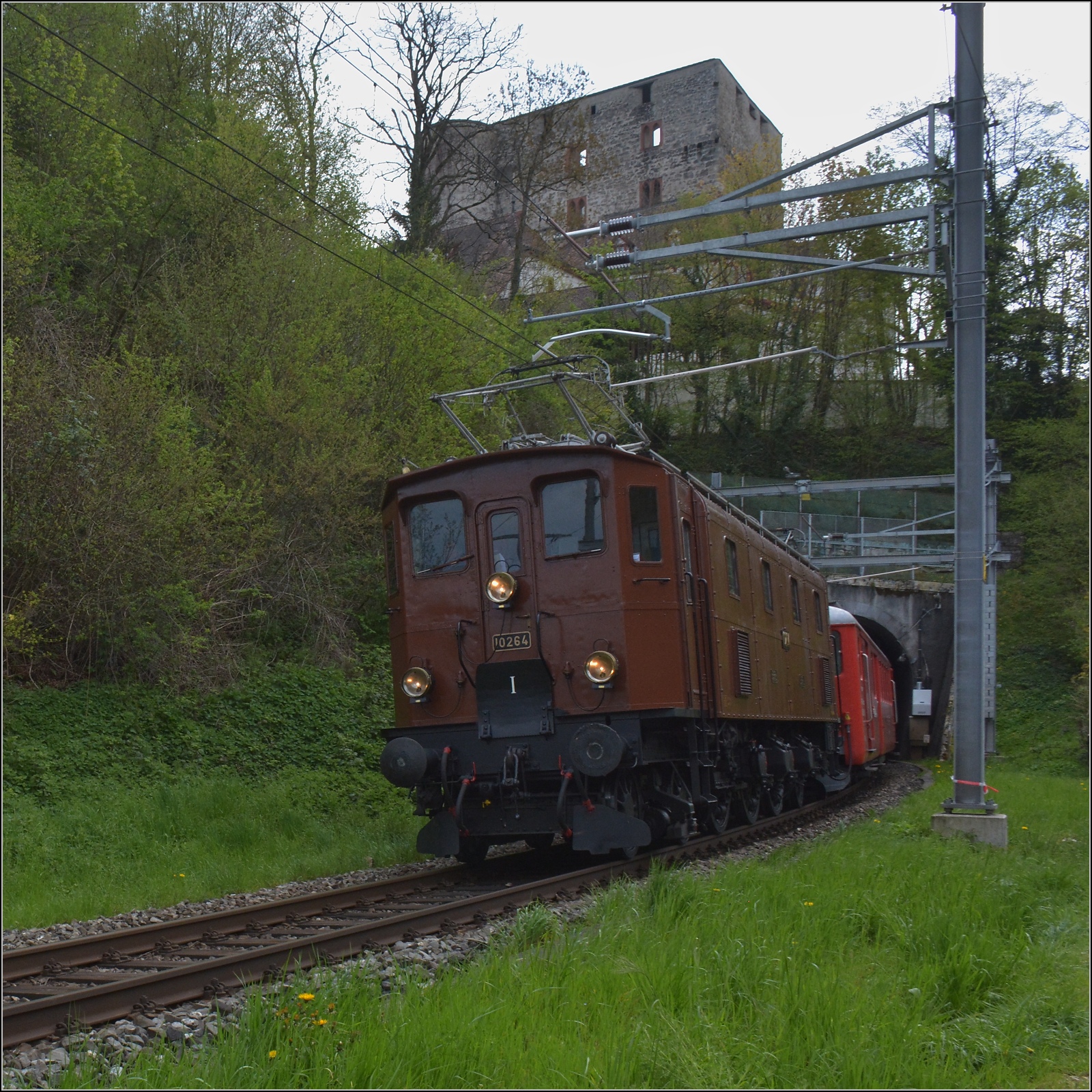 Die RVT-Fahrt zum Feldschlösschen.

Ae 3/6 III 10264 mit dem RVT-Zug unter dem Schloss Angenstein. April 2023. (Bild G. Bank) 