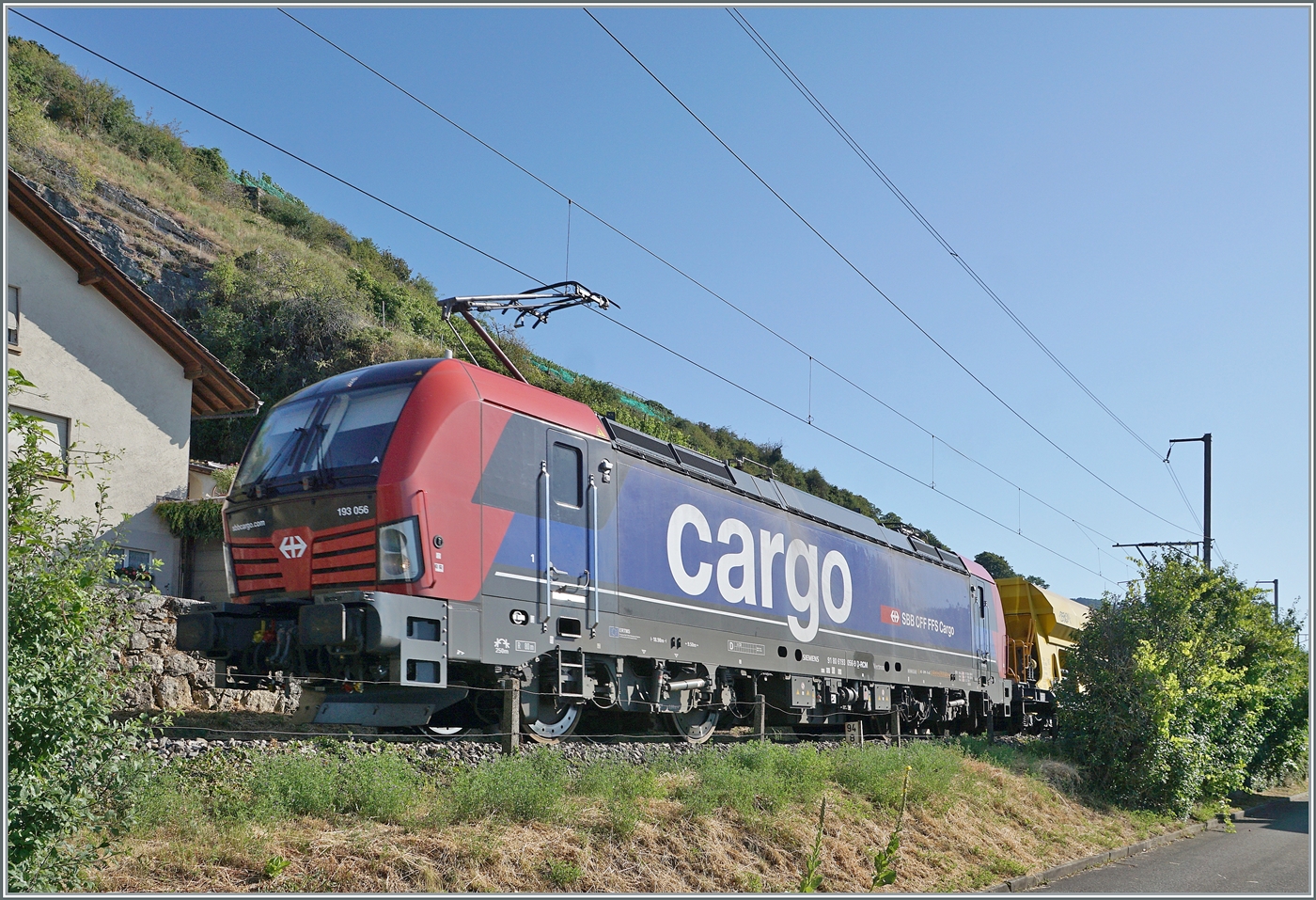 Die SBB 193 056 hat zwischen den zwei Sträuchern gerade noch Platz. Sie ist  auf der Fahrt in Richtung Cornaux und konnt Eingang Ligerz fotografiert werden.

11. Juli 2025