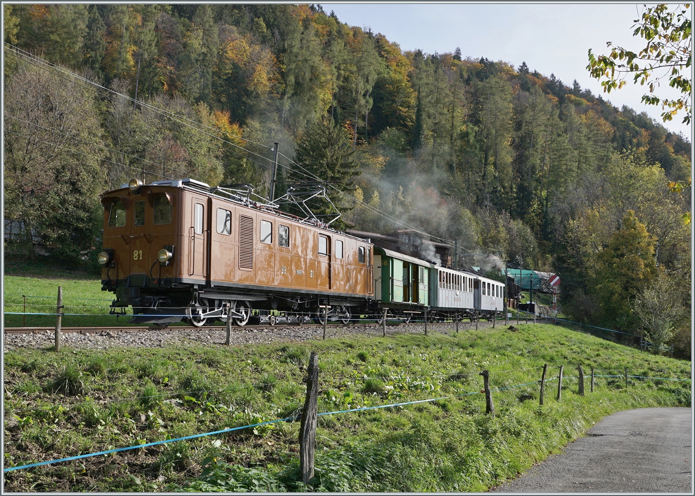 Die schöne Bernina Bahn RhB Ge 4/4 81 der Blonay Chamby Bahn ist mit einem Reisezug bei Chaulin vor dem Hintergrund des B-C Museums und etwas Gegenlicht auf der Fahrt nach Blonay. 

30. Okt. 2022