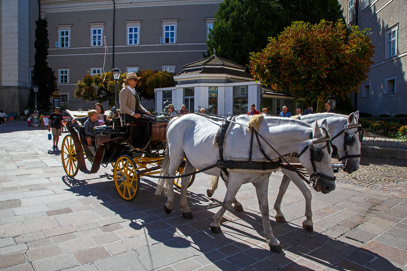 Ein Fiaker (Zweispänner) am 12.09.2022 in Salzburg am Domplatz.