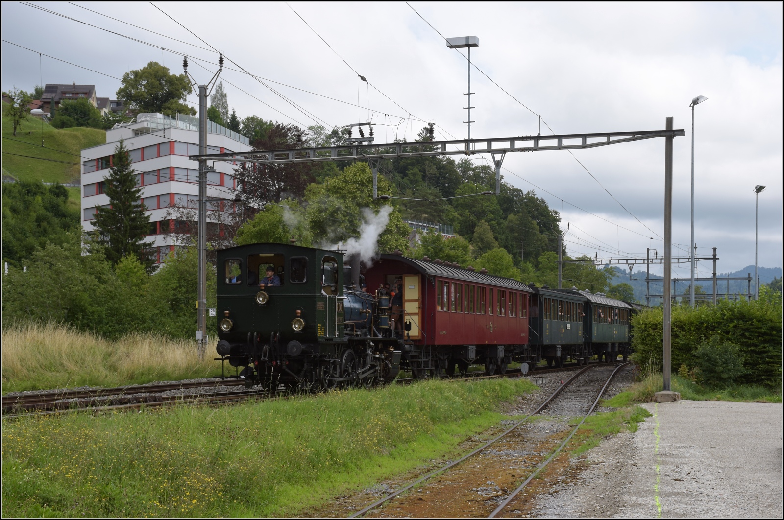 Fahrtag im Zürcher Oberland. 

Einfahrt von Ed 3/3 401 nach Bauma. Juli 2023.