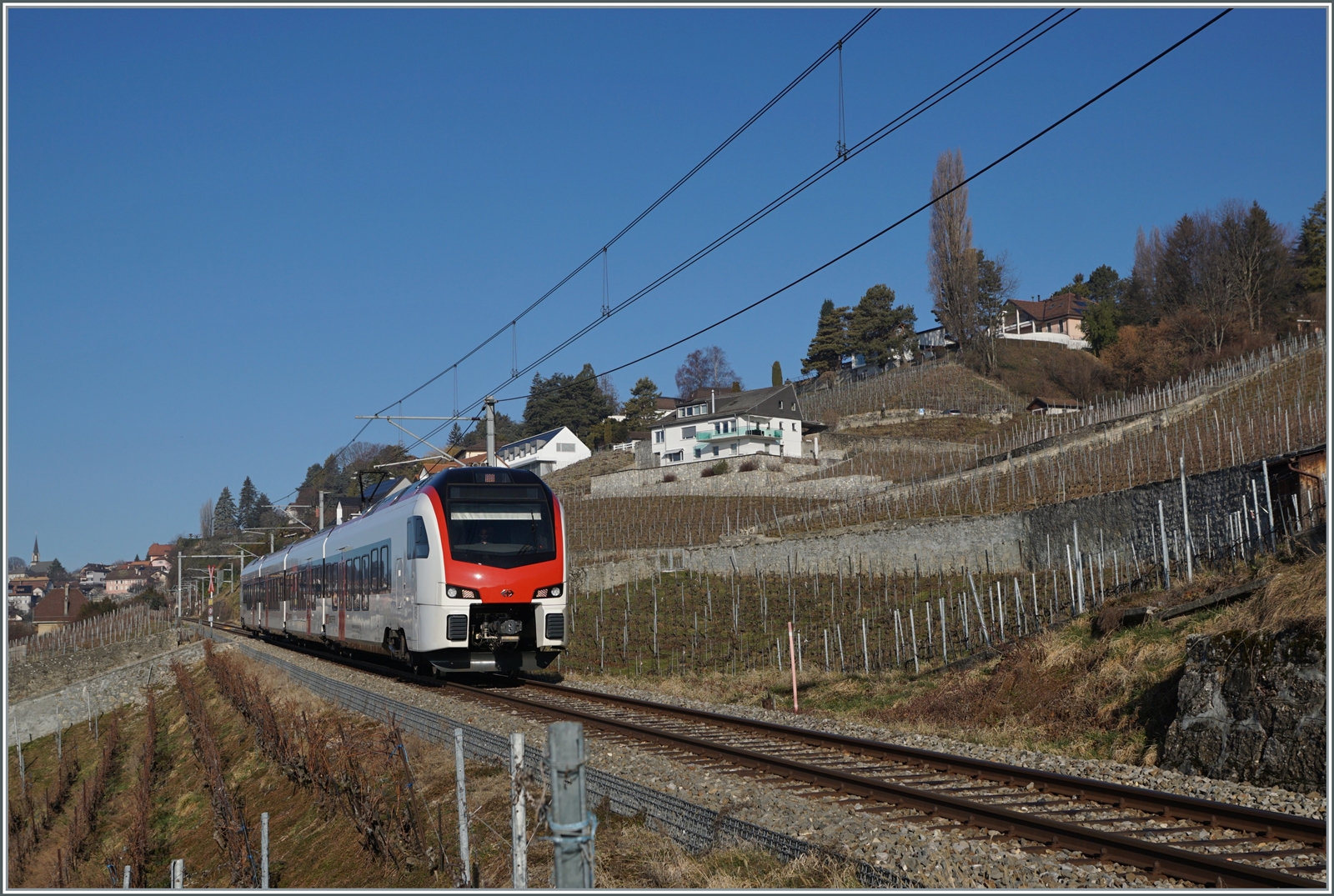  Fernverkehr  auf der Train de Vignes Strecke: der für den Fernverkehr beschaffte SBB Flirt3 RABe 523 503  Mouette  (RABe 94 85 0 523 503-6 CH-SBB) ist als S7 auf der Train de Vignes Strecke zwischen Puidoux und Vevey kurz nach Chexbres unterwegs. 

15. Feb. 2023