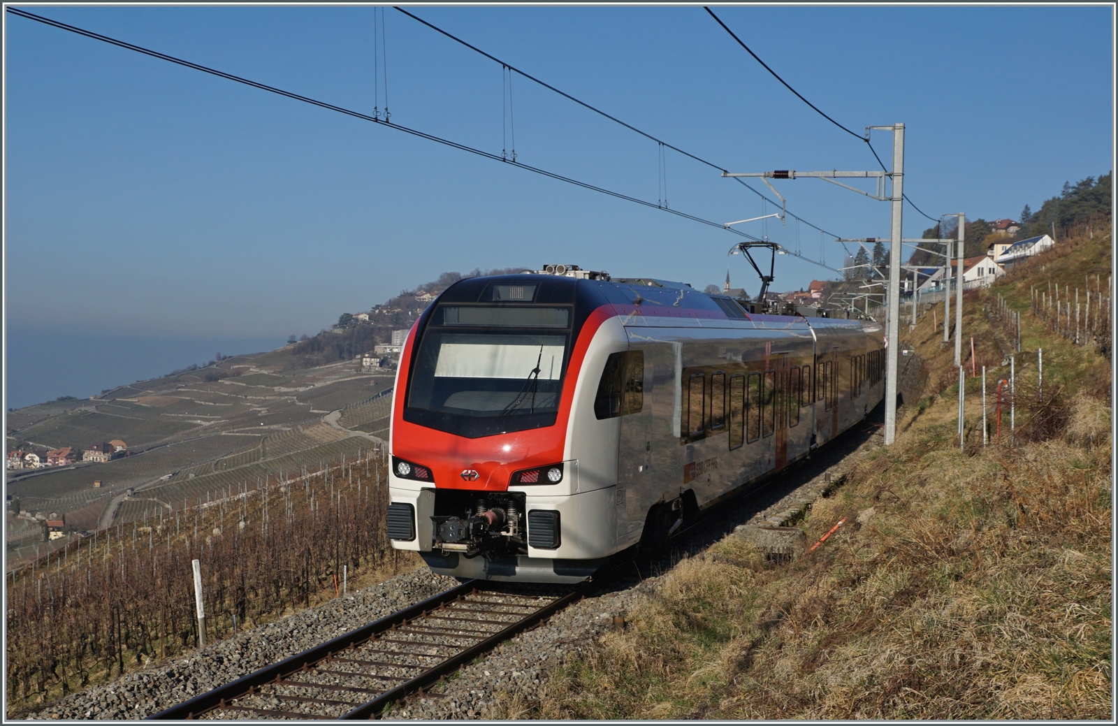  Fernverkehr  auf der Train de Vignes Strecke: der für den Fernverkehr beschaffte SBB Flirt3 RABe 523 503  Mouette  (RABe 94 85 0 523 503-6 CH-SBB) ist als S7 auf der Train de Vignes Strecke zwischen Vevey und Puidoux kurz vor Chexbres unterwegs. Ich hatte Glück mit dieser Aufnahme, denn schon am folgenden Tag übernahm ein  Domino  den Dienst auf der S7. 

15. Feb. 2023