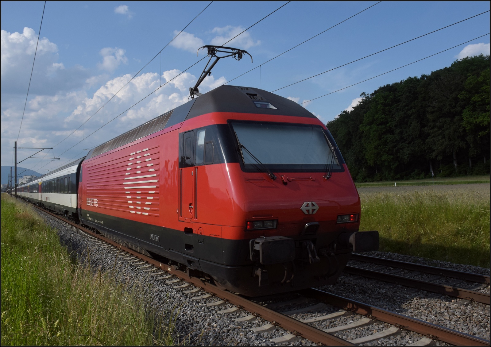 Fernverkehrstag auf der Altstrecke.

Re 460 098 'Rohrdorfer Berg/Reusstal' bei Bettenhausen. Juni 2023.