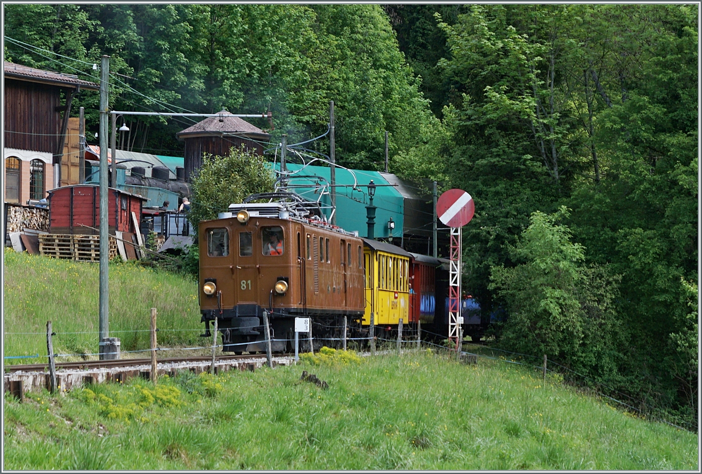 Festival Suisse de la vapeur 2024 / Schweizer Dampffestival 2024 der Blonay-Chamby Bahn - dazu gehört auch der direkte Zug von Vevey nach Chaulin und am späteren Nachmittag zurück, wobei am morgen mit Dampf und am Nachmittag mit elektrischer Traktion gefahren wird. 

Im Bild die RhB Bernina Ge 4/4 81 der Blonay Chamby Bahn mit dem Riviera Belle Epoque Zug nach Vevey kurz nach Chaulin. 

19. Mai 2024