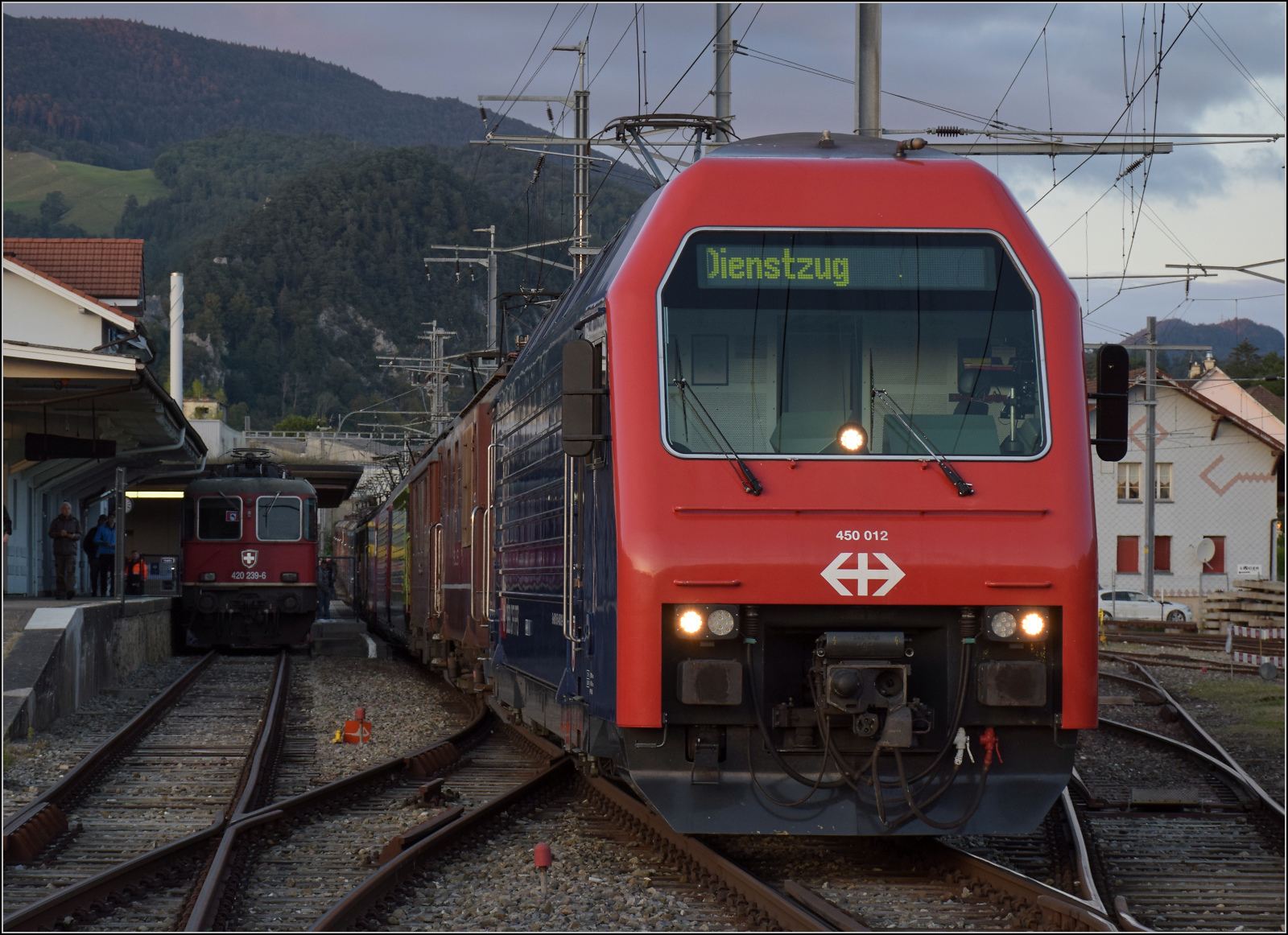 Grosses BoBo-Treffen in Balsthal: 60 Jahre Re 4/4 II in der Schweiz.

Die Re 450 012 'Schwamendingen' ist im Lokomotivenclub der BoBos eine Aussenseiterin. Sie ist als Triebkopf der Zürcher S-Bahn konzipiert und hat daher auch nur einen Führerstand und ein anderes Äusseres. Dahinter verstecken sich fast alle Re 4/4 II und die anderen teilnehmenden BoBo-E-Loks aus Schweizer Produktion. Die Wildsau Re 4/4 II 11239 'Porrentruy' durfte leider nicht mitmachen und grummelt auf dem Abstellgleis vor sich hin. Balsthal, September 2024.