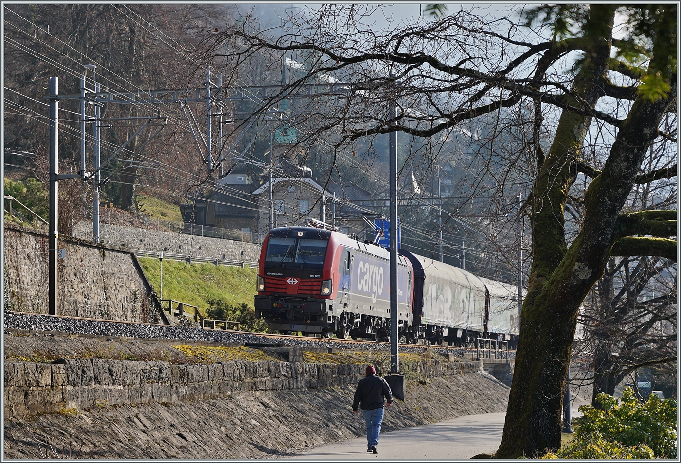 Kurz nach Villeneuve ist die von SBB Cargo gemietet 193 062 mit einem kurzen Güterzug auf der Fahrt in Richtung Lausanne.

14. Januar 2025