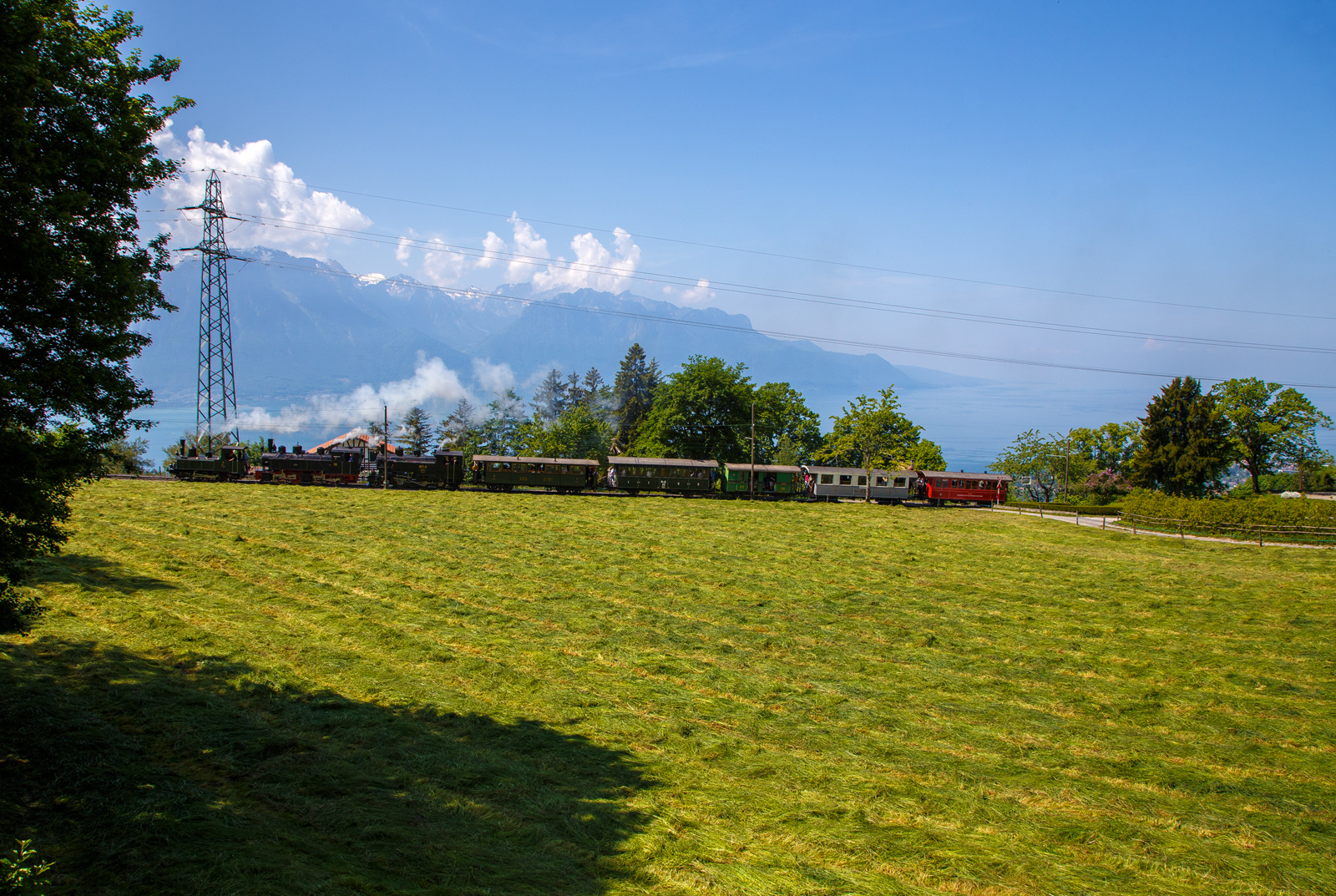 Pfingsten 2023 (Samstag 27. bis Montag 29. Mai 2023) fand bei der Museumsbahn Blonay–Chamby das Schweizer Dampffestival 2023 / Festival suisse de la Vapeur 2023 statt. Hier das Highlight am Samstag den 27.05.2023, die Dreifach-Dampfloktraktion die mit dem Zug von Blonay kommend nun Chaulin erreichen. 

Vorne die G 3/3 LEB N° 5  Bercher , dann die Mallet-Dampflok G 2x2/2 SEG 105  Todtnau“ und die Dampflokomotive für gemischten Adhäsions- und Zahnradbetrieb HG 3/4 ex B.F.D. 3 (Brig–Furka–Disentis-Bahn), ex F.O. 3.
