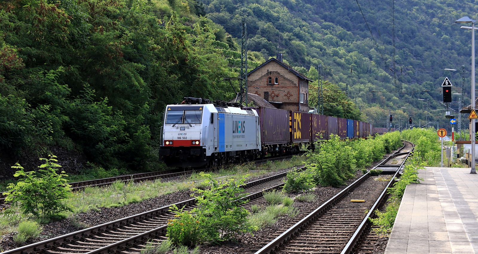 Railpool/Lineas 186 502-1 REV/KS/21.08.19 mit dem ECS Containerzug unterwegs gen Koblenz. Kaub 08.08.2025 Railpool/Lineas 186 502-1 REV/KS/21.08.19 mit dem ECS Containerzug unterwegs gen Koblenz. Kaub 08.08.2025
