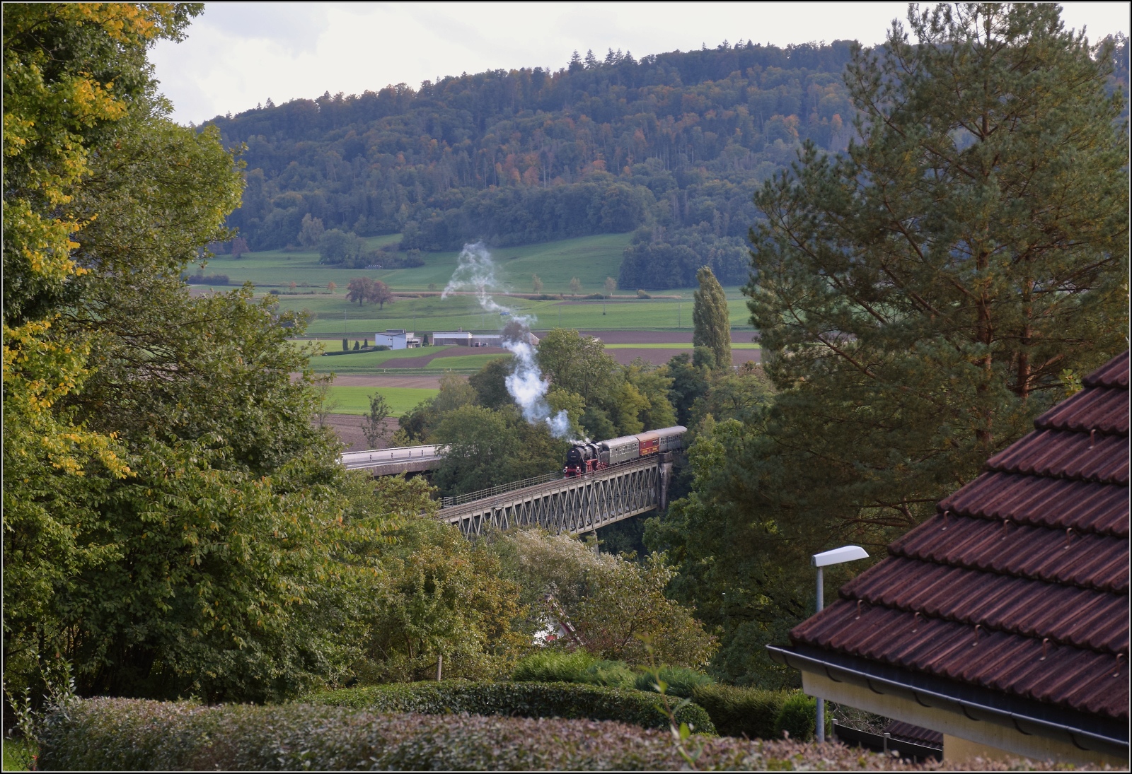 Schienenverkehr am Schienerberg. 

52 7596 mit ihrem EFZ-Sonderzug für die SEHR&RS auf der Rheinbrücke von Hemishofen. Oktober 2022.